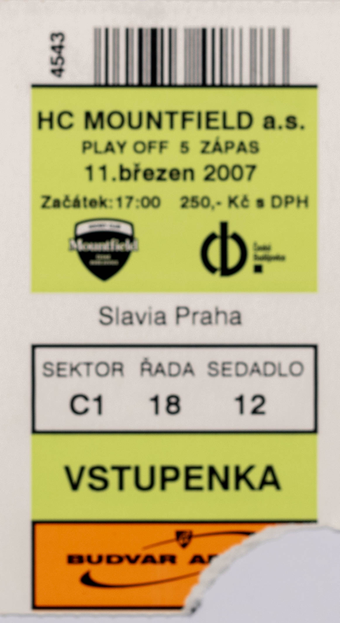 Vstupenka, HC Mouuntfiled v. HC Slavia Praha, 2007