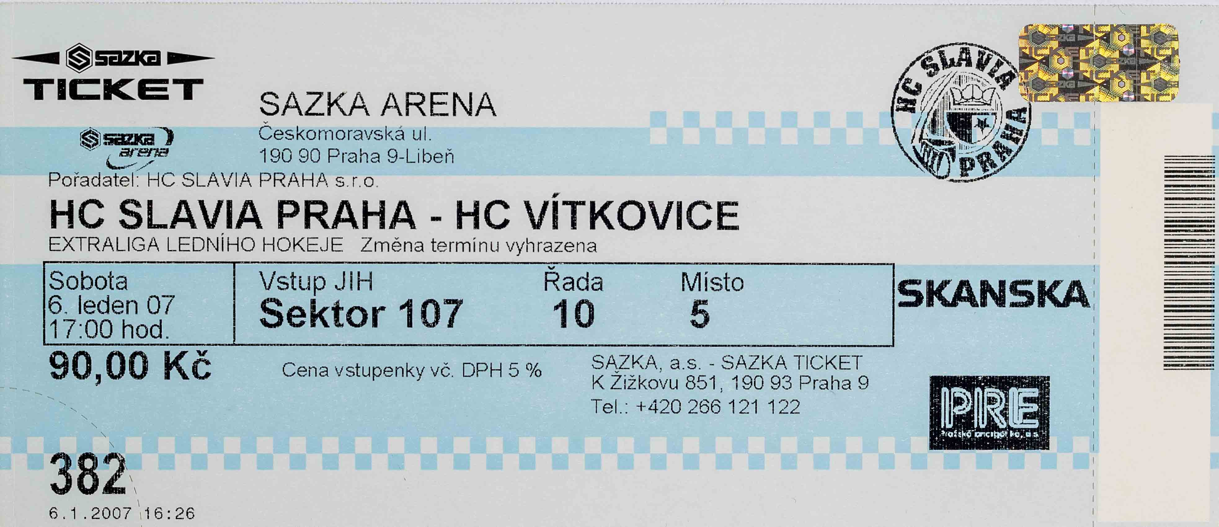 Vstupenka, HC Slavia Praha v. HC Vítkovice, 2007