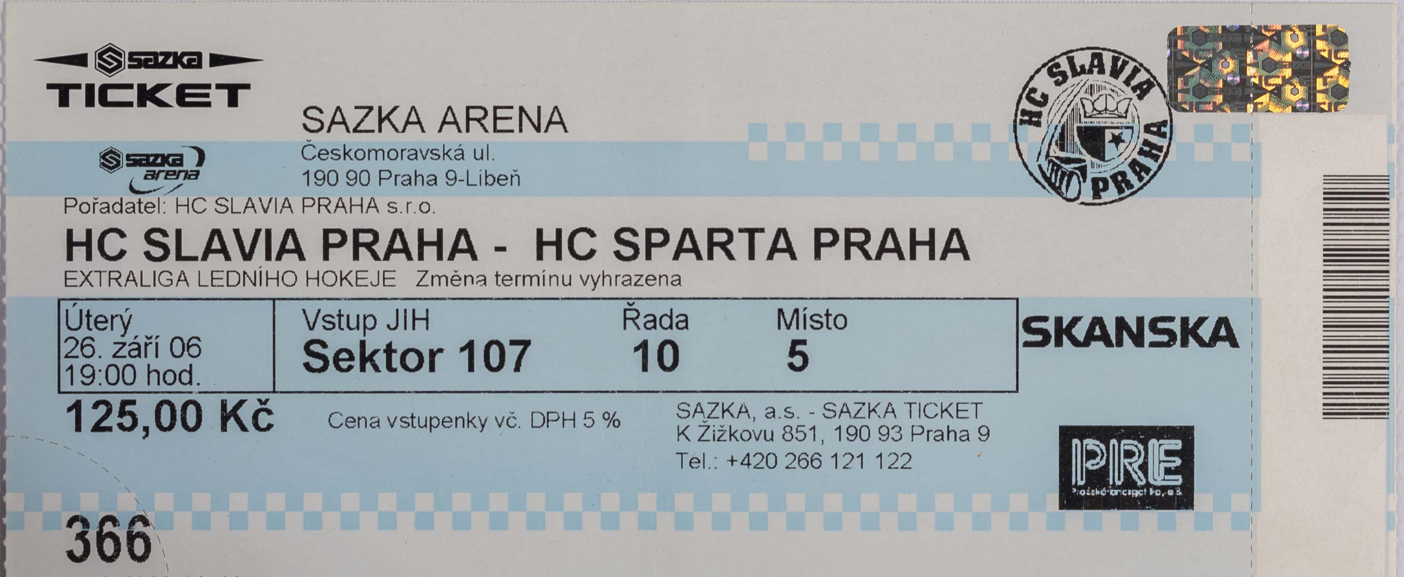 Vstupenka, HC Slavia Praha v. HC Sparta Praha, 2006/2