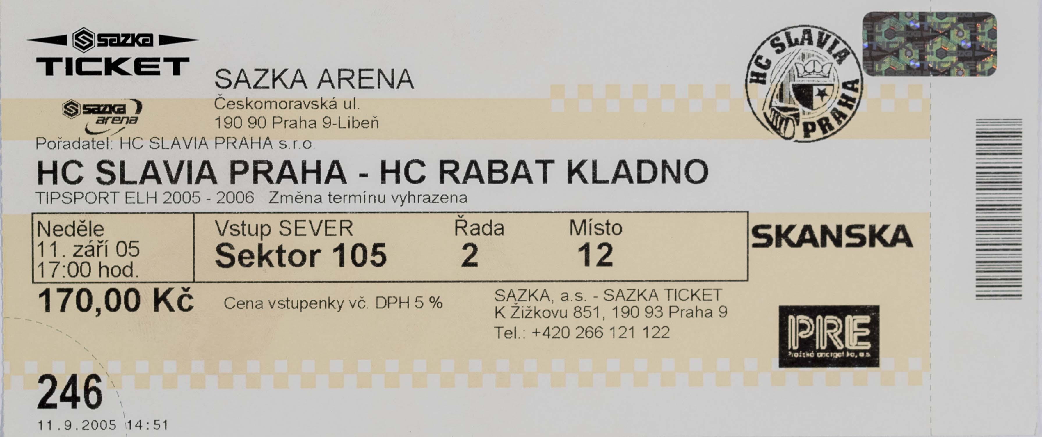 Vstupenka, HC Slavia Praha v. HC Rabat Kladno, 2005 II