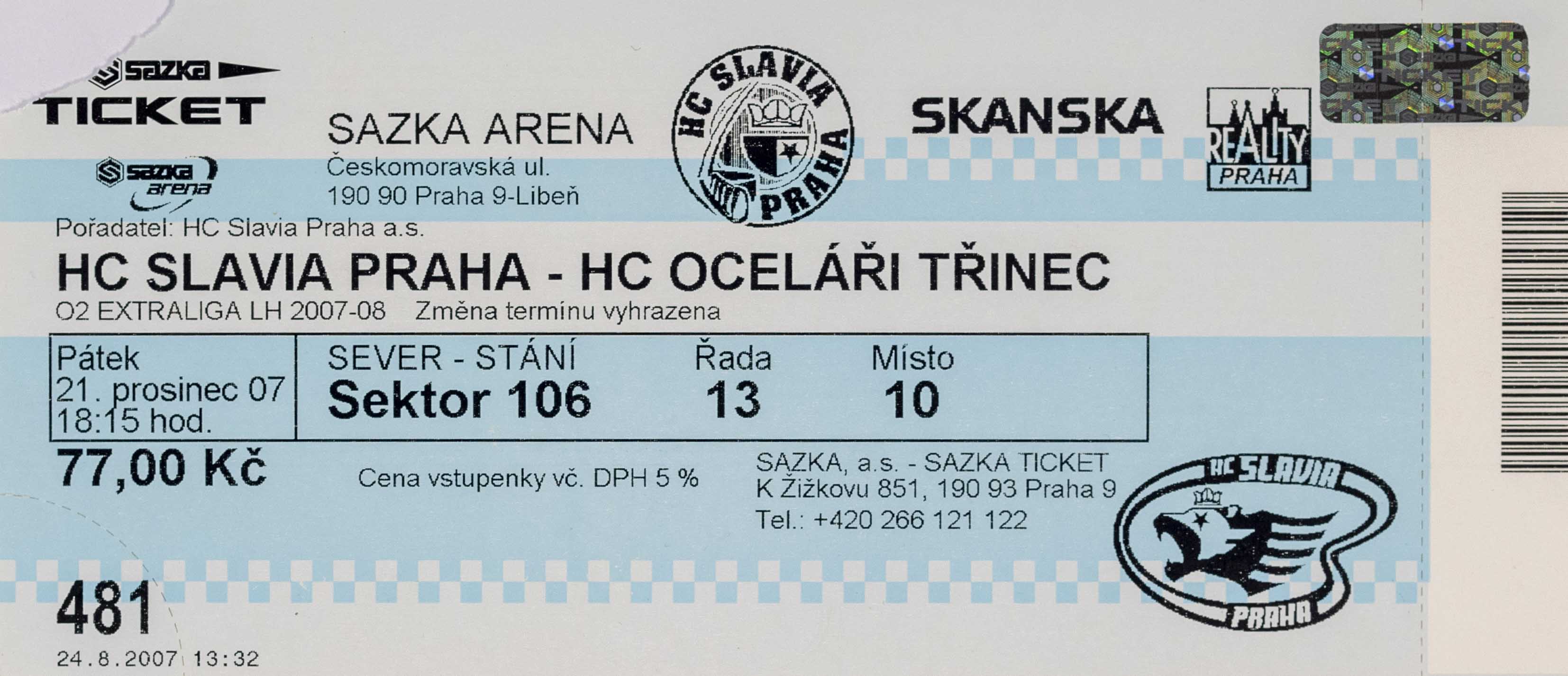 Vstupenka, HC Slavia Praha v. HC Třinec, 2007