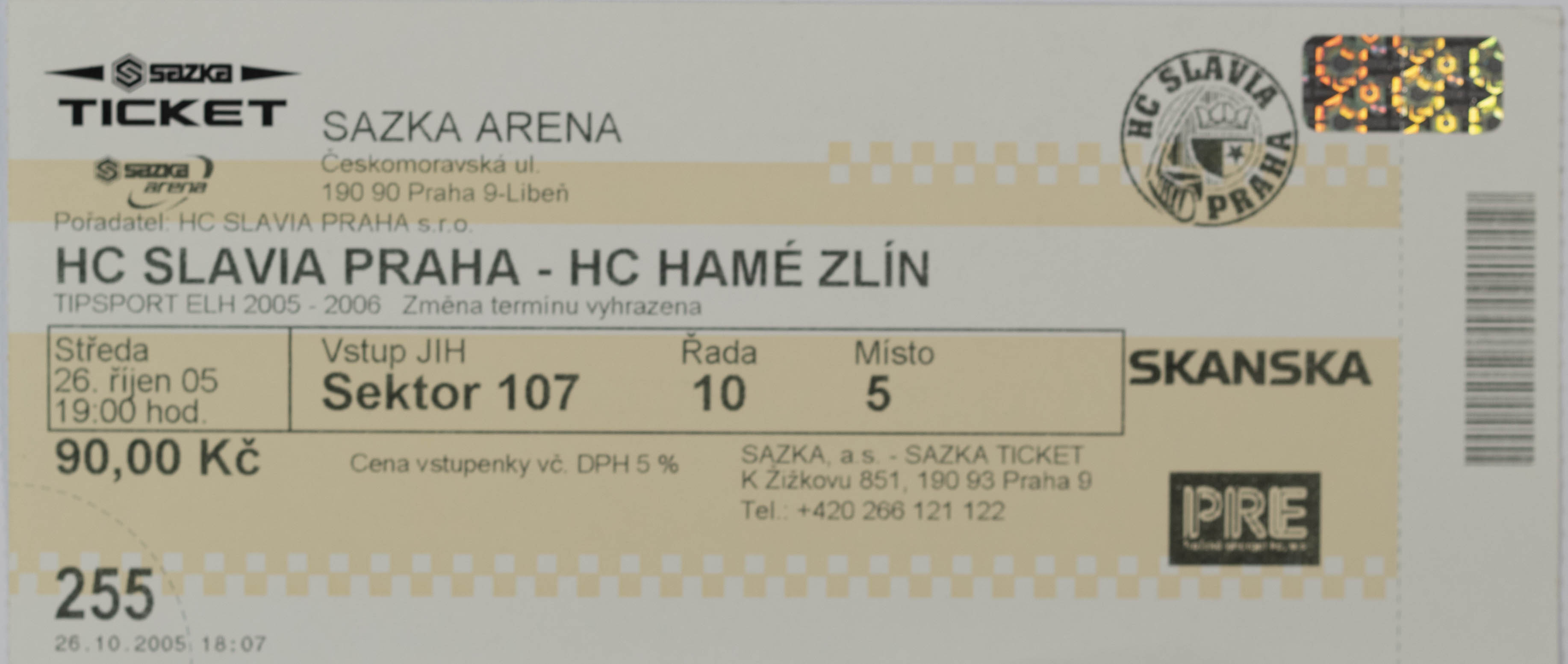 Vstupenka, HC Slavia Praha v. HC Zlín, 2005