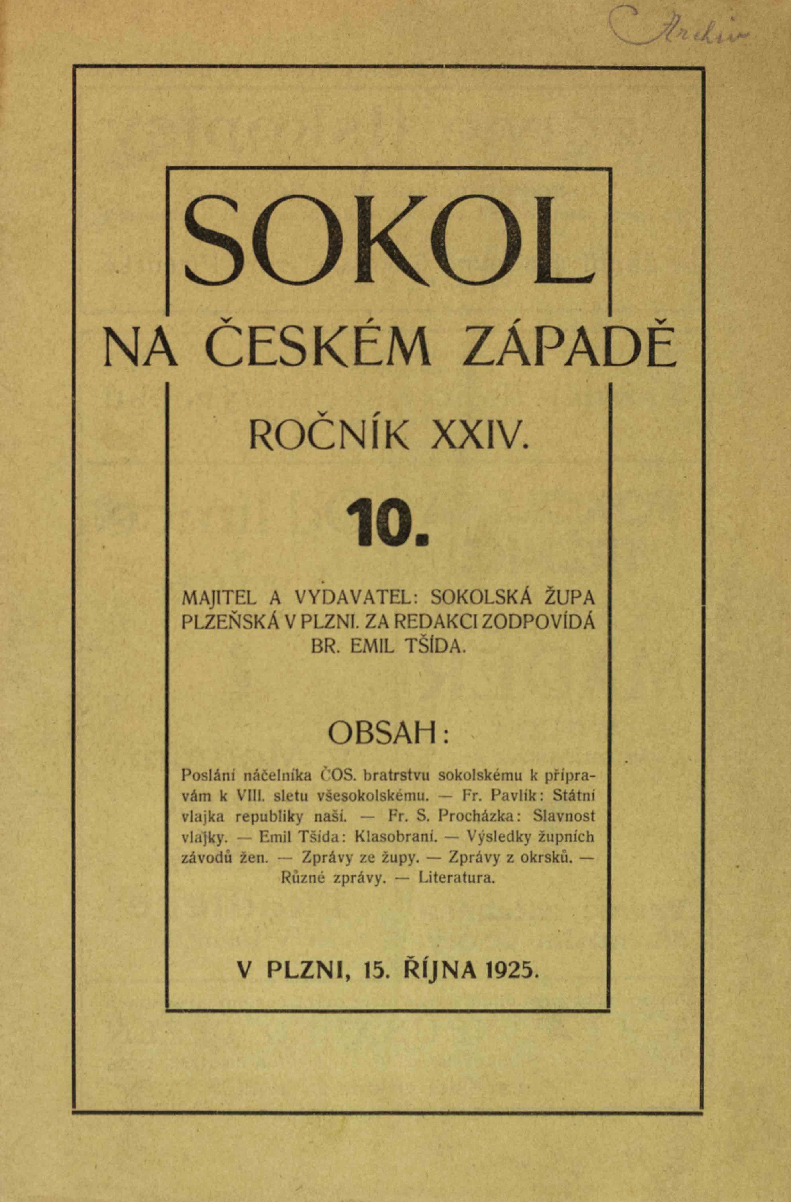 Sokol na českém západě, 10/1925