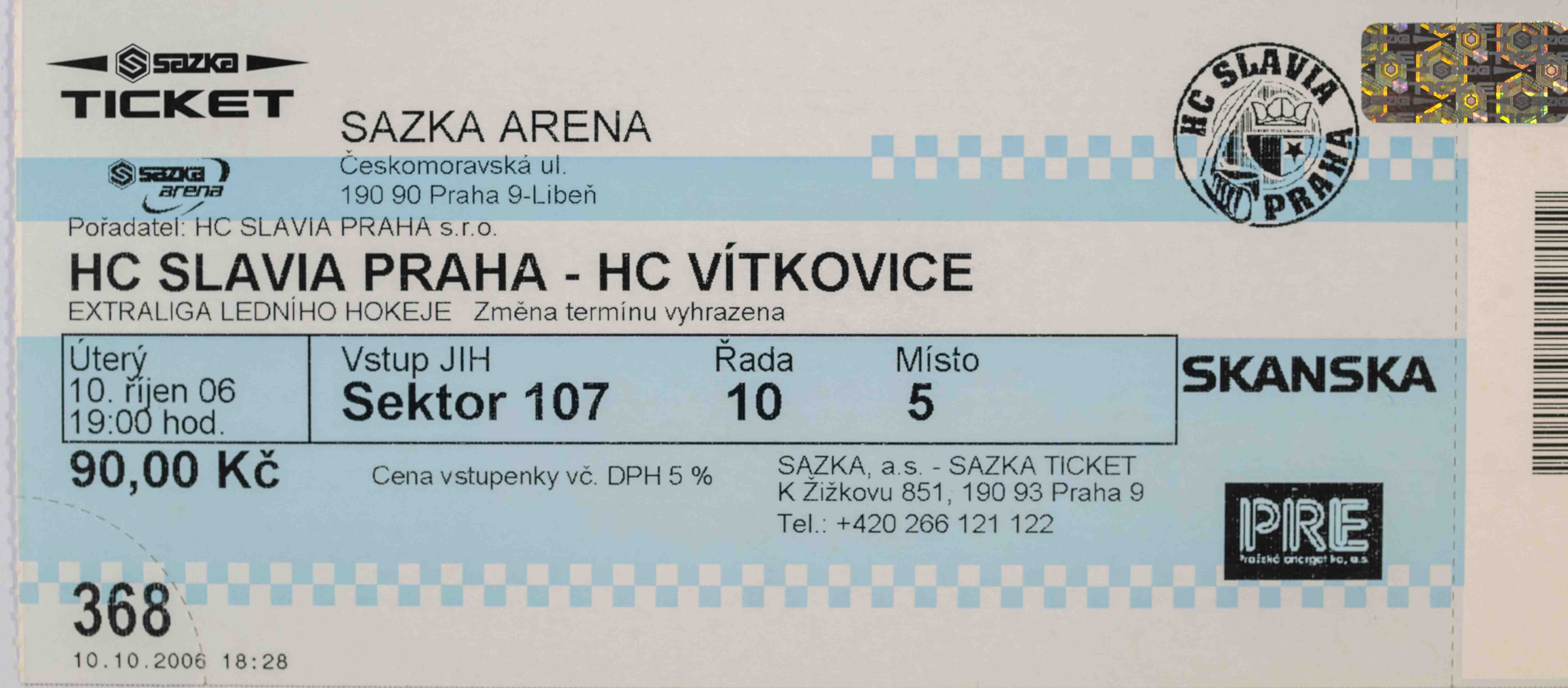 Vstupenka, HC Slavia Praha v. HC Vítkovice, 2006
