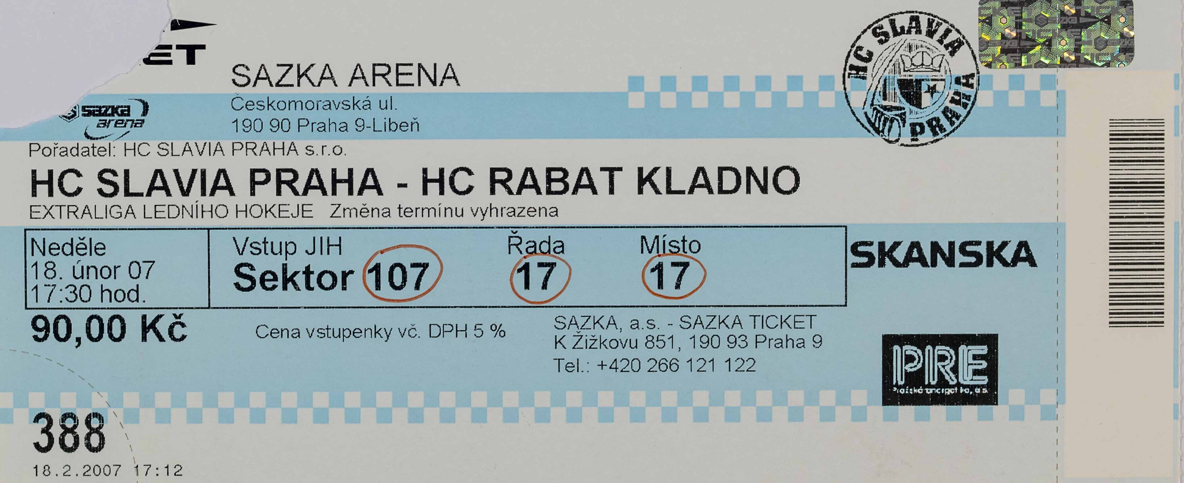 Vstupenka, HC Slavia Praha v. HC Kladno, 2007