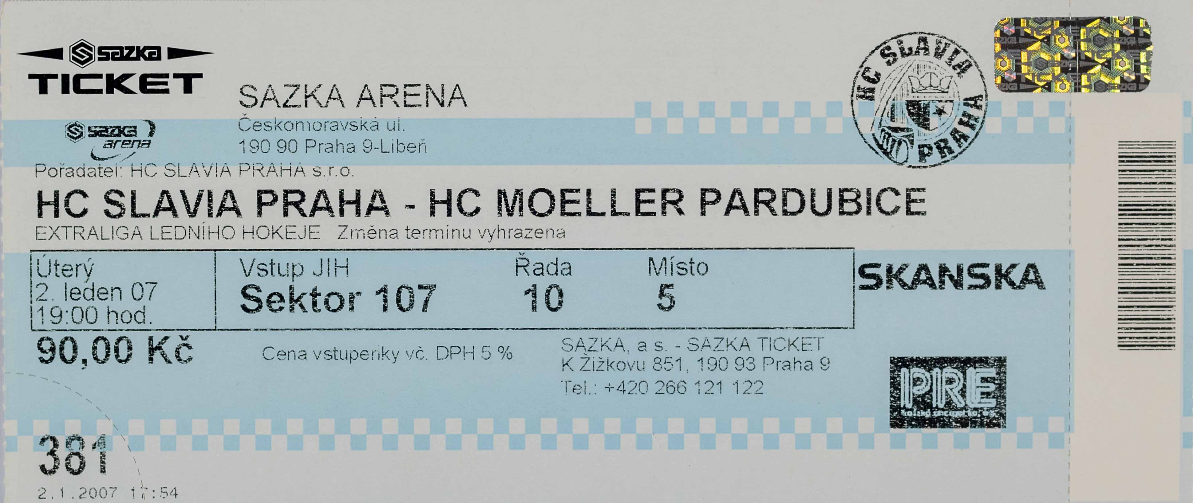 Vstupenka, HC Slavia Praha v. HC Pardubice, 2007