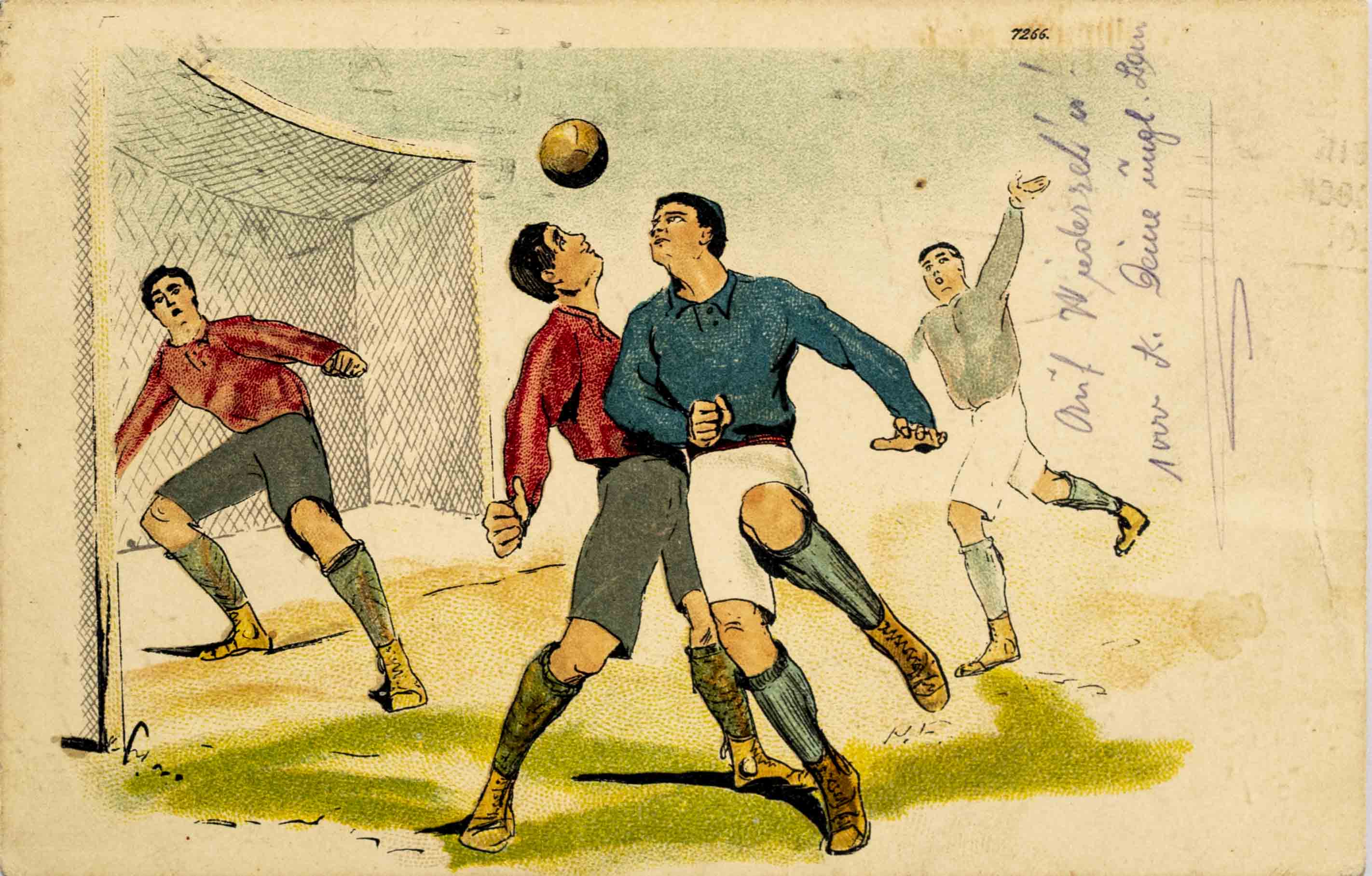 Pohlednice humor - fotbal - Souboj hráčů - hlavičkářů, 1921