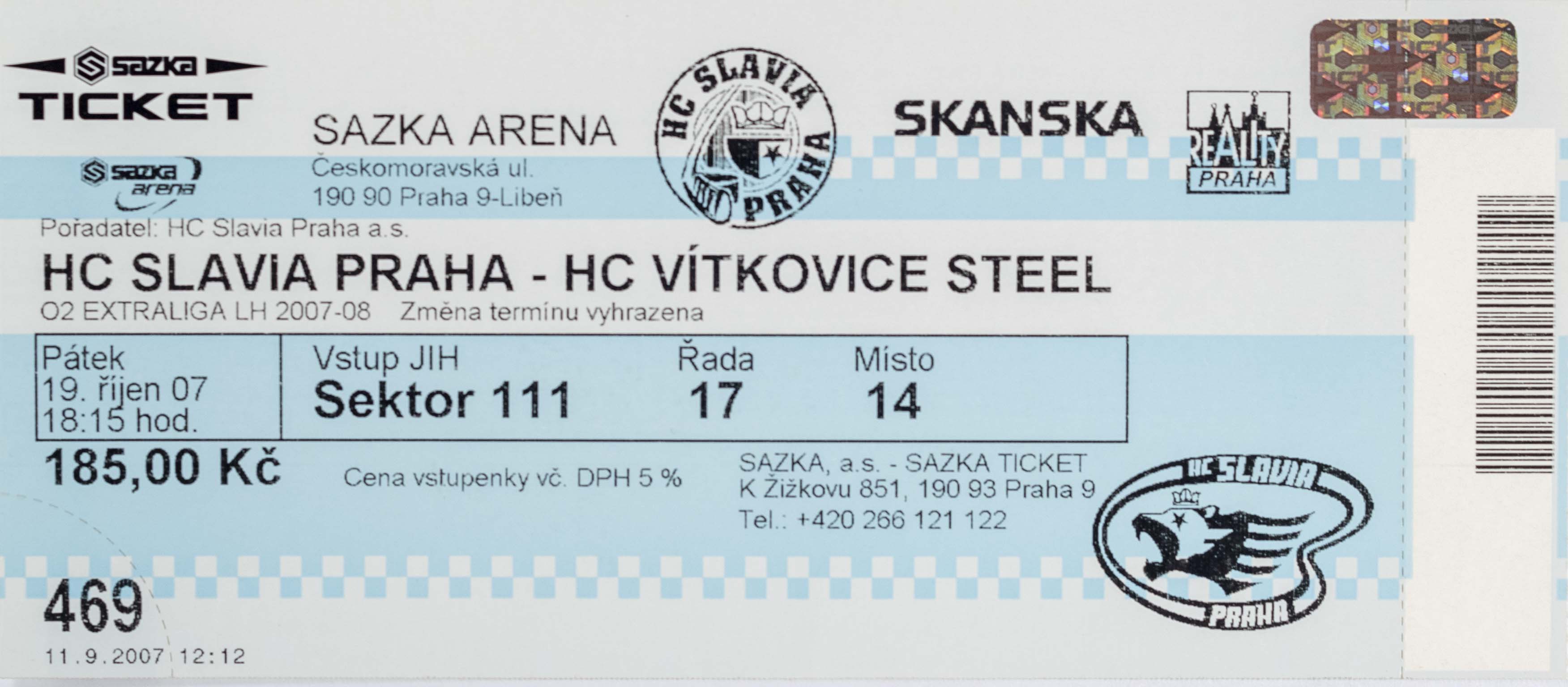 Vstupenka, HC Slavia Praha v. HC Vítkovice, 2007