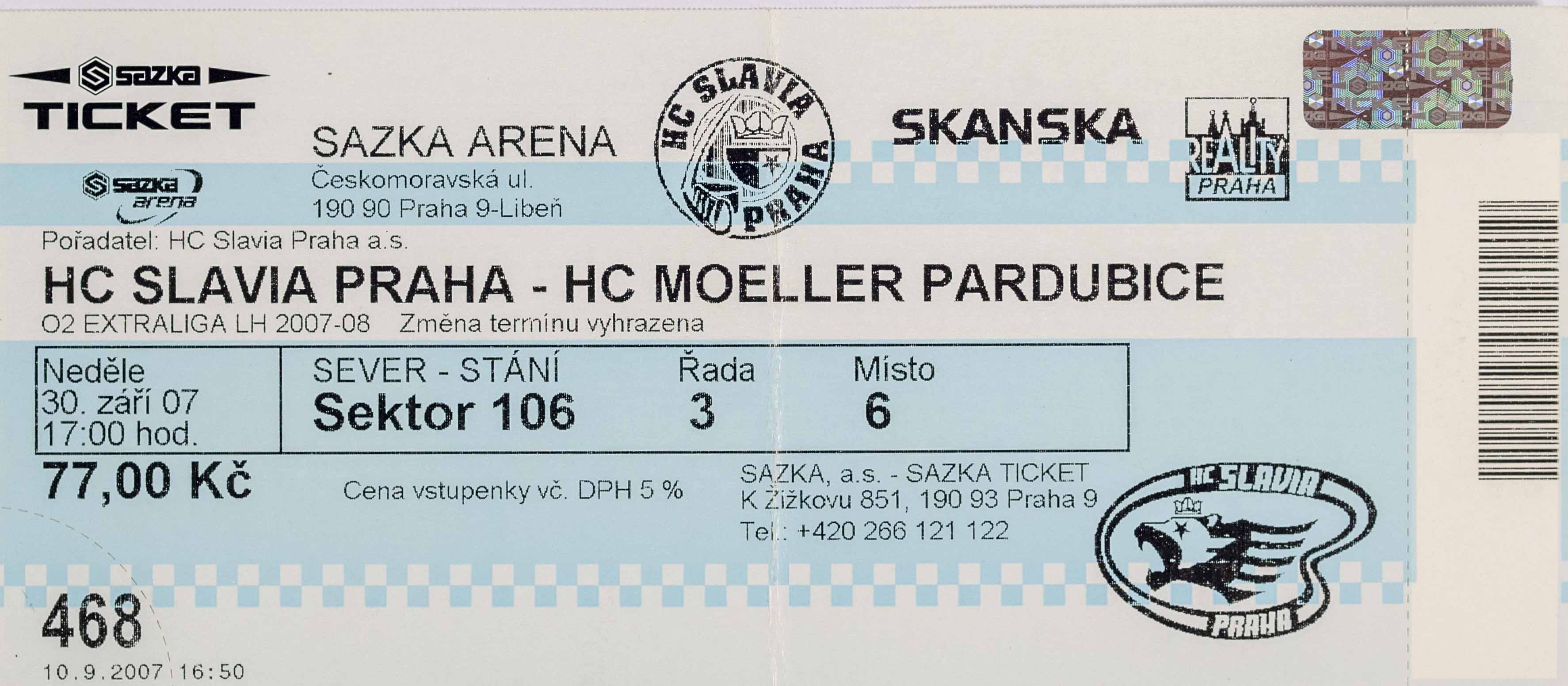 Vstupenka, HC Slavia Praha v. HC Moeller Pardubice, 2007