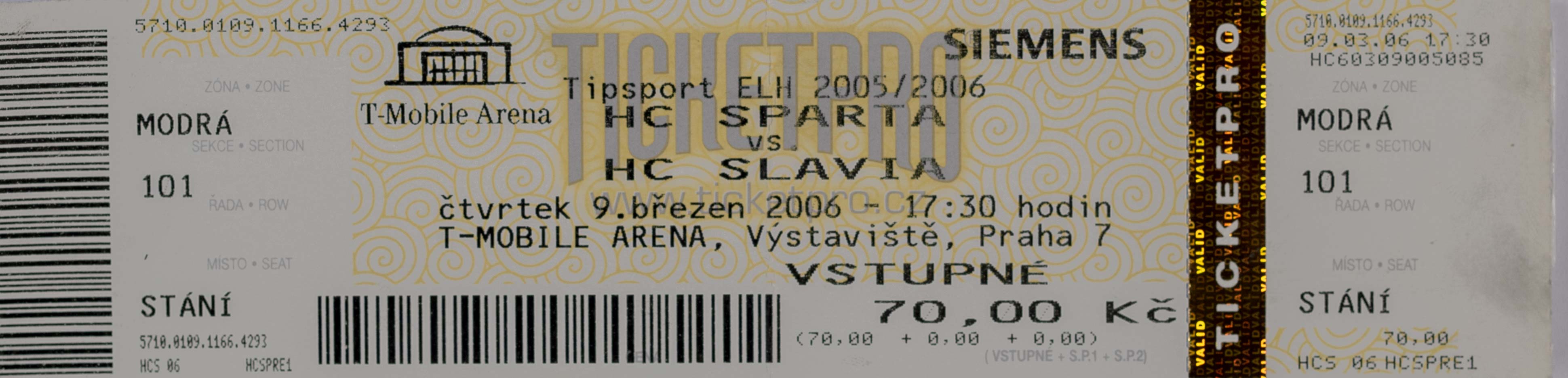 Vstupenka, HC Sparta v. HC Slavia Praha. 2006
