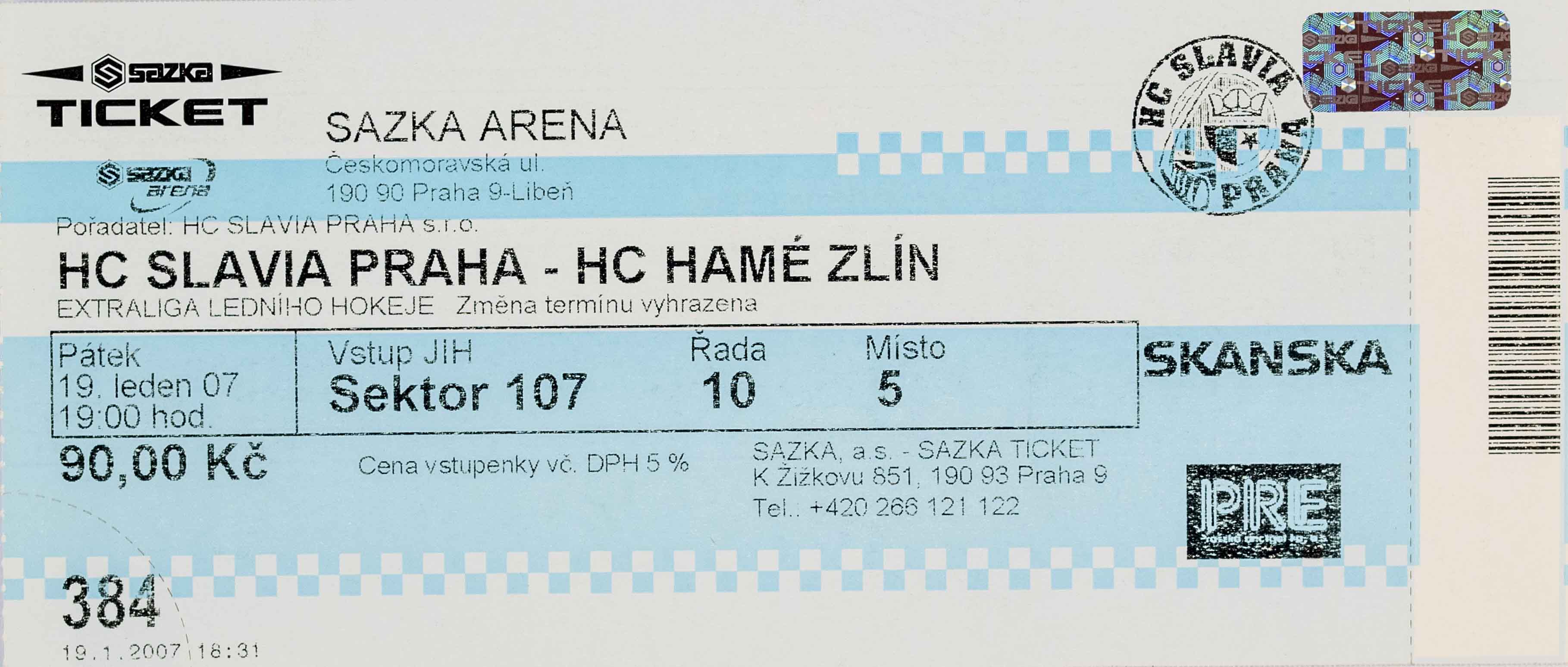 Vstupenka, HC Slavia Praha v. HC Zlín, 2007