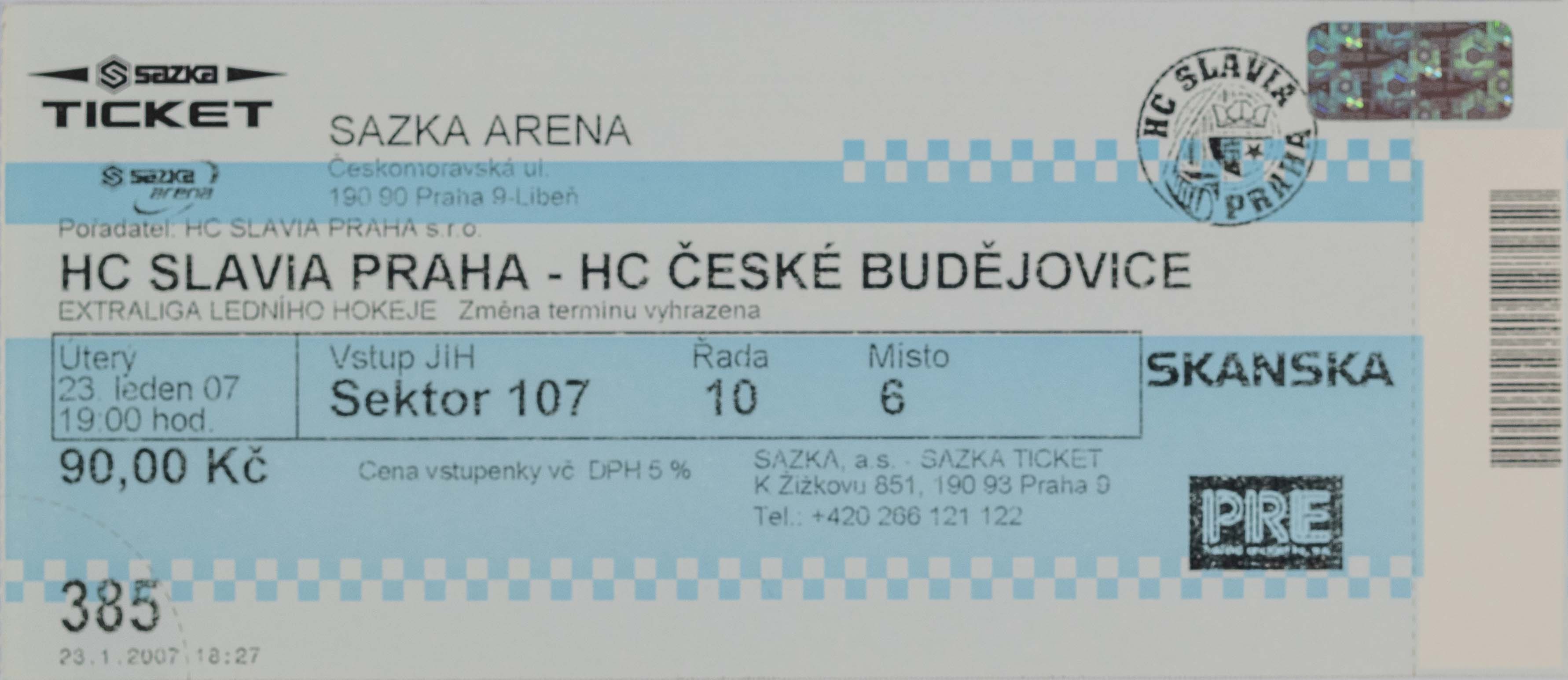 Vstupenka, HC Slavia Praha v. HC Budějovice, 2007 III