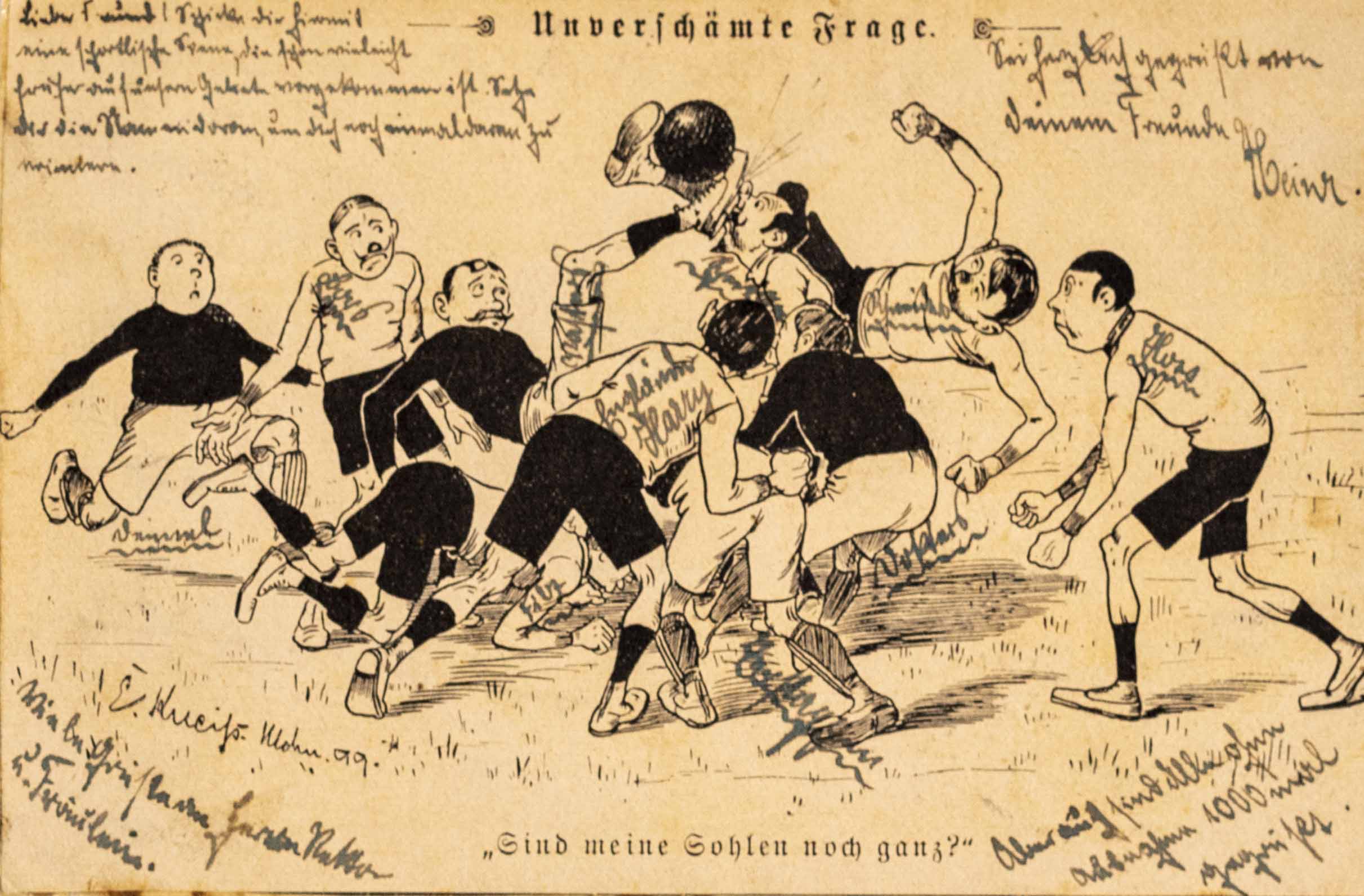 Pohlednice humor - fotbal, holomajzna, 1905