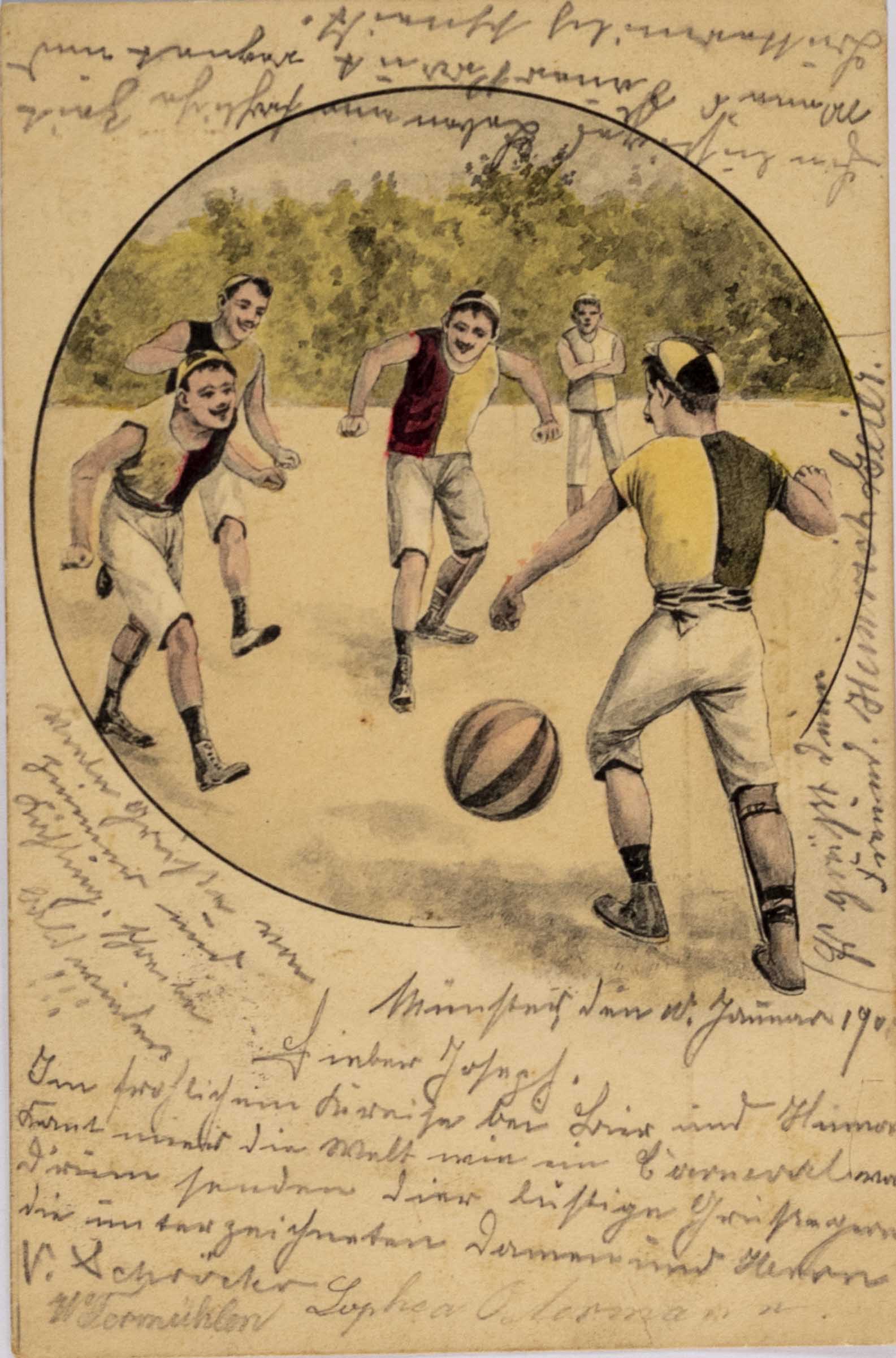 Pohlednice humor - fotbal - Rozehrávka, 1904