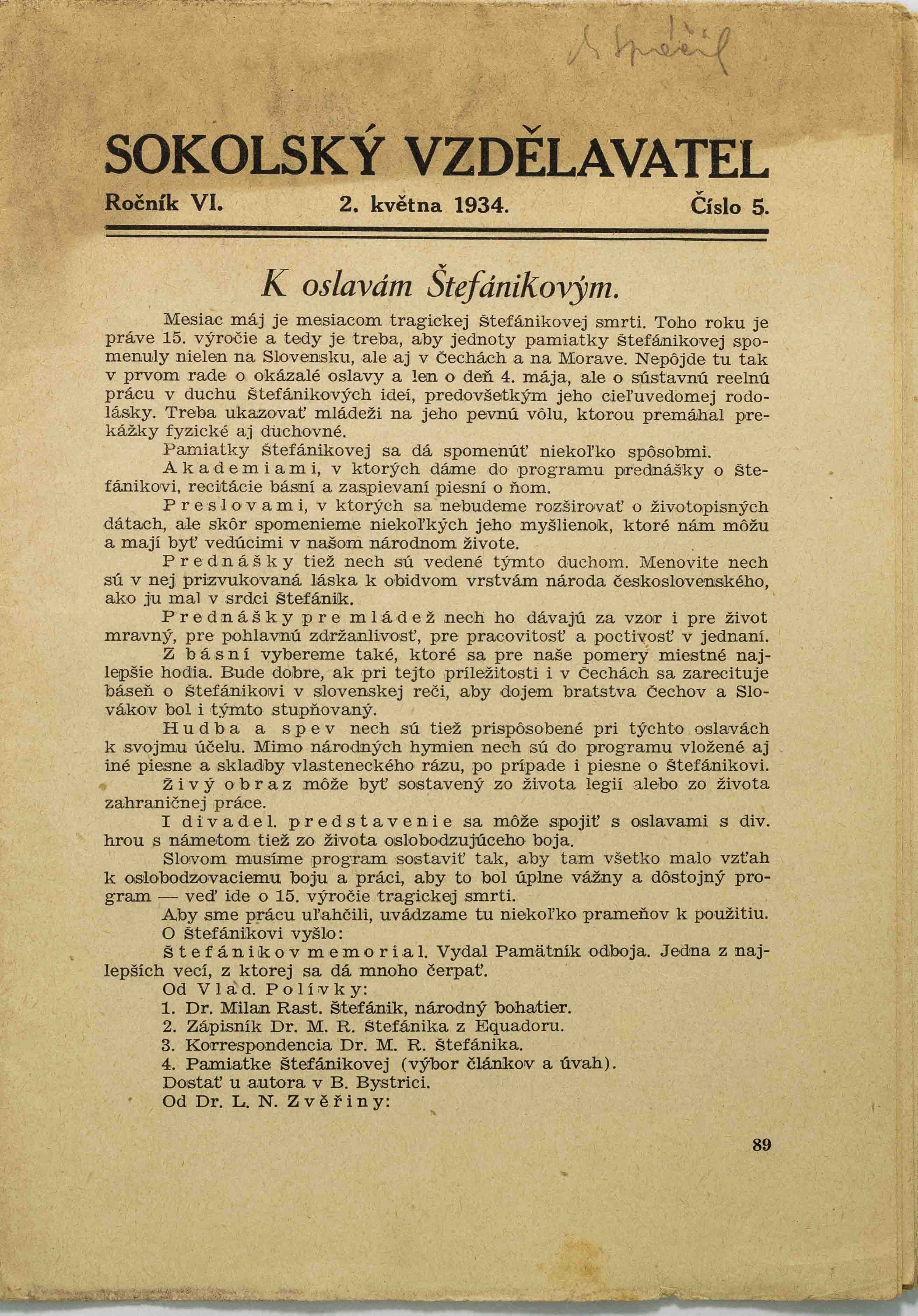 Brožura Sokolský vzdělavatel, 1934, č. 5