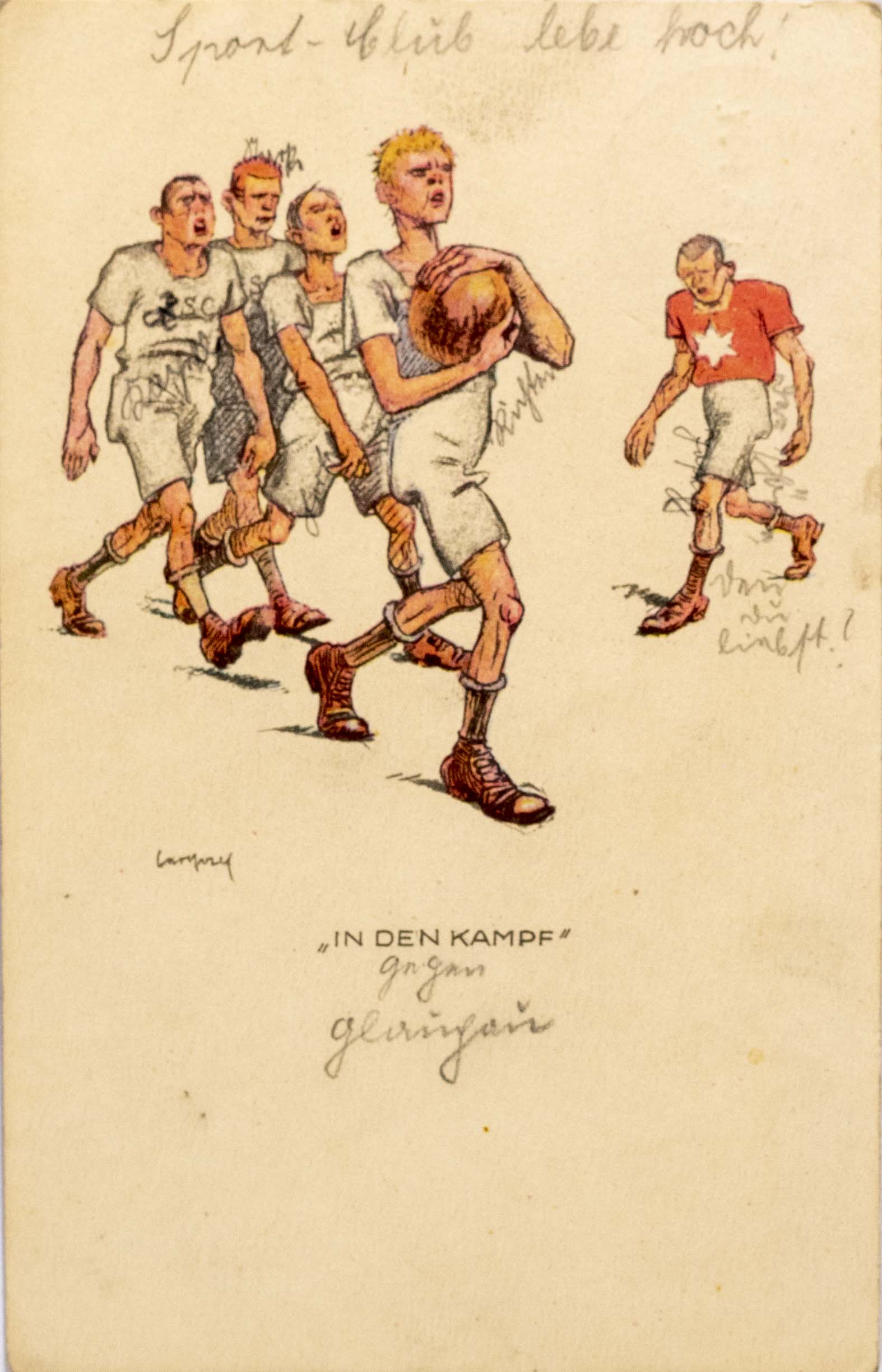 Pohlednice humor, fotbal, In den Kampf, 1925