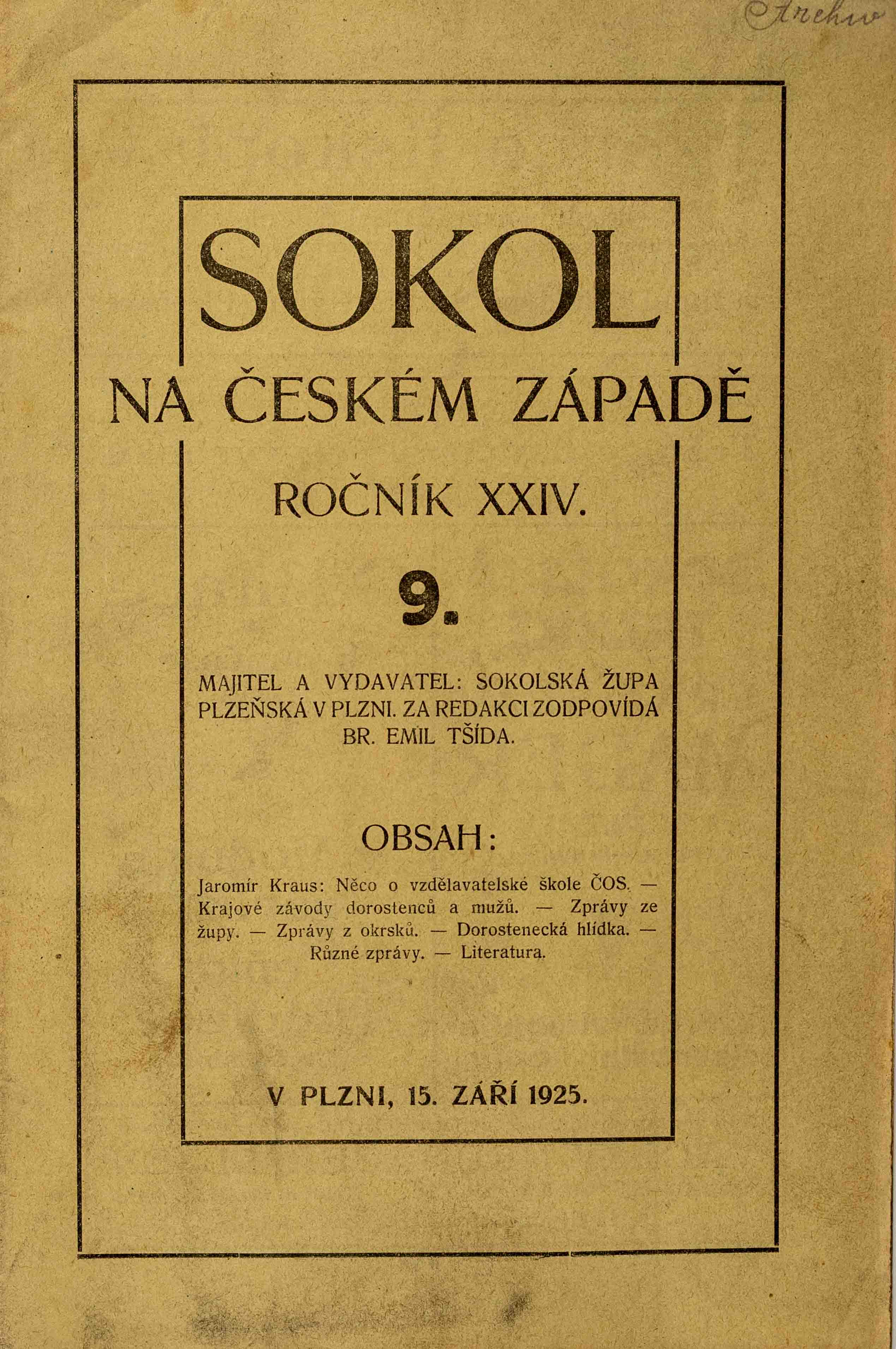 Sokol na českém západě, 9/1925