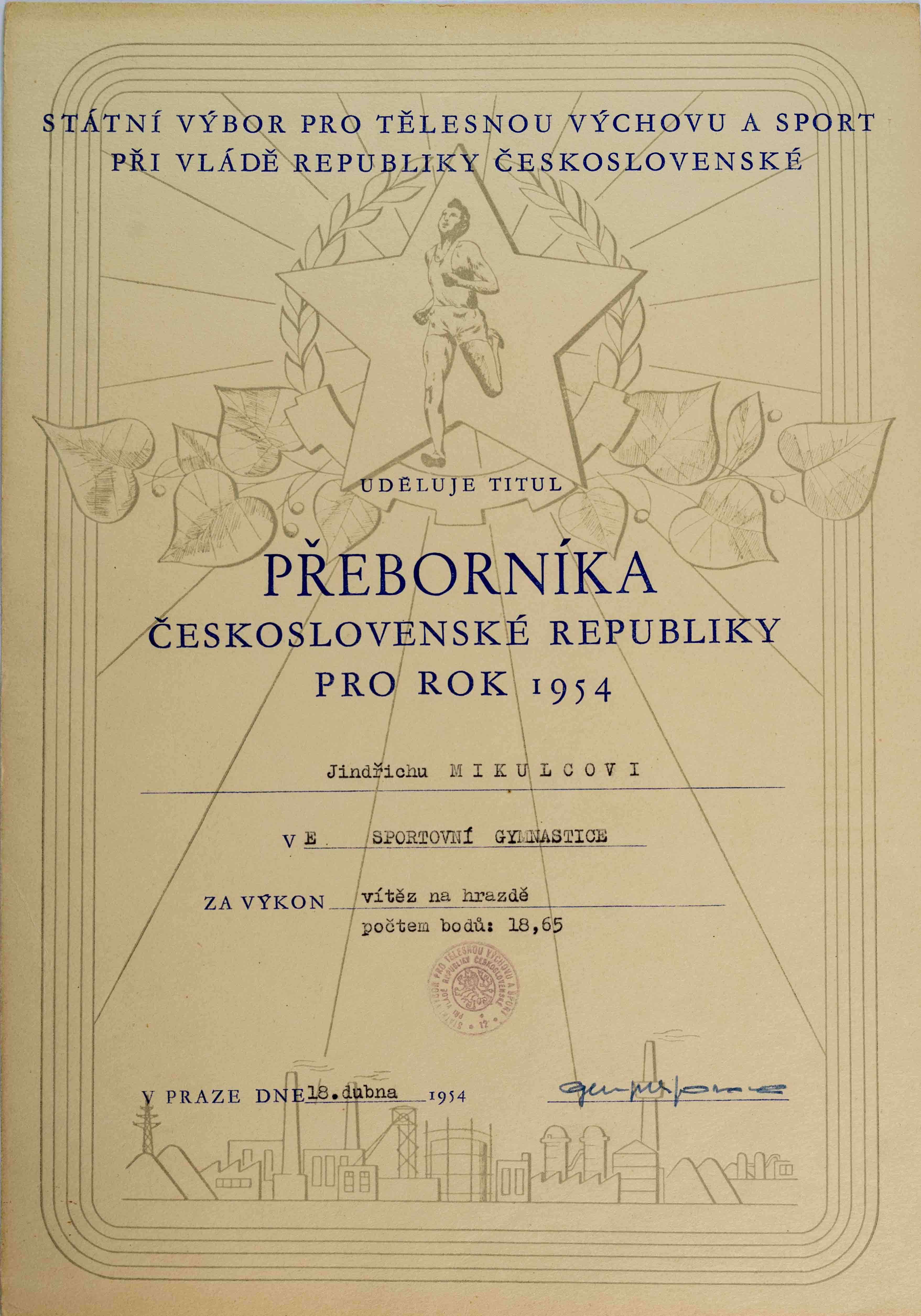 Diplom, Titul přeborníka ČSSR 1954, sportovní gymnastika