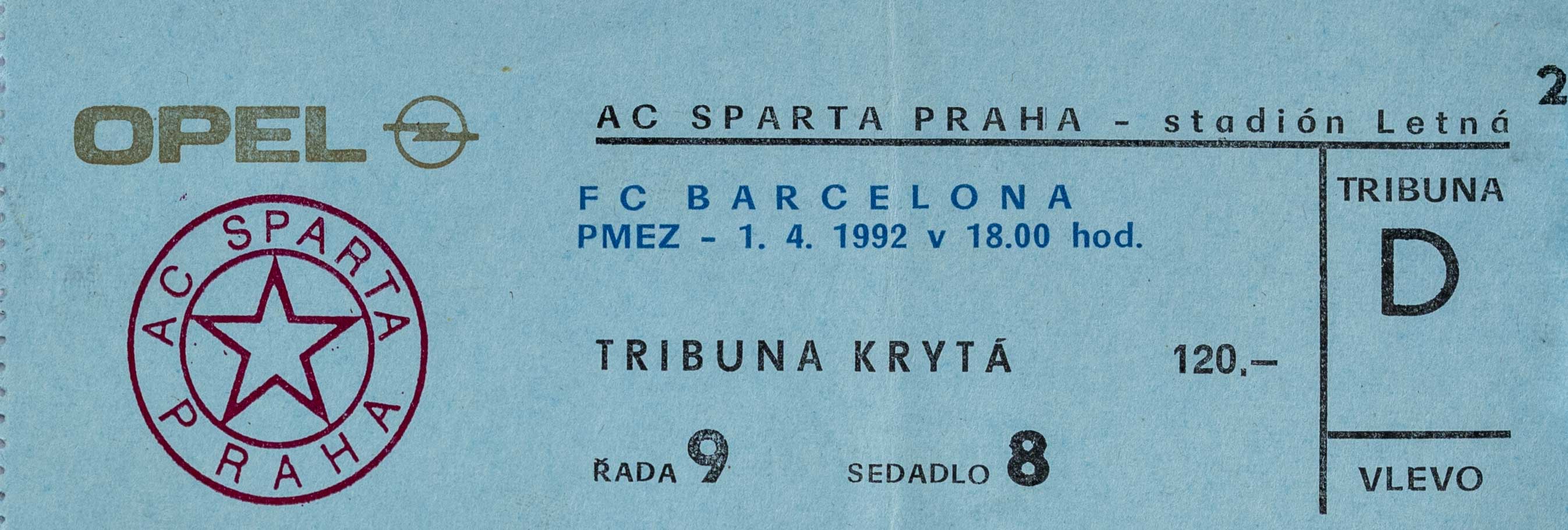 Vstupenka AC Sparta v. FC Barcelona FC, PMEZ, 1992