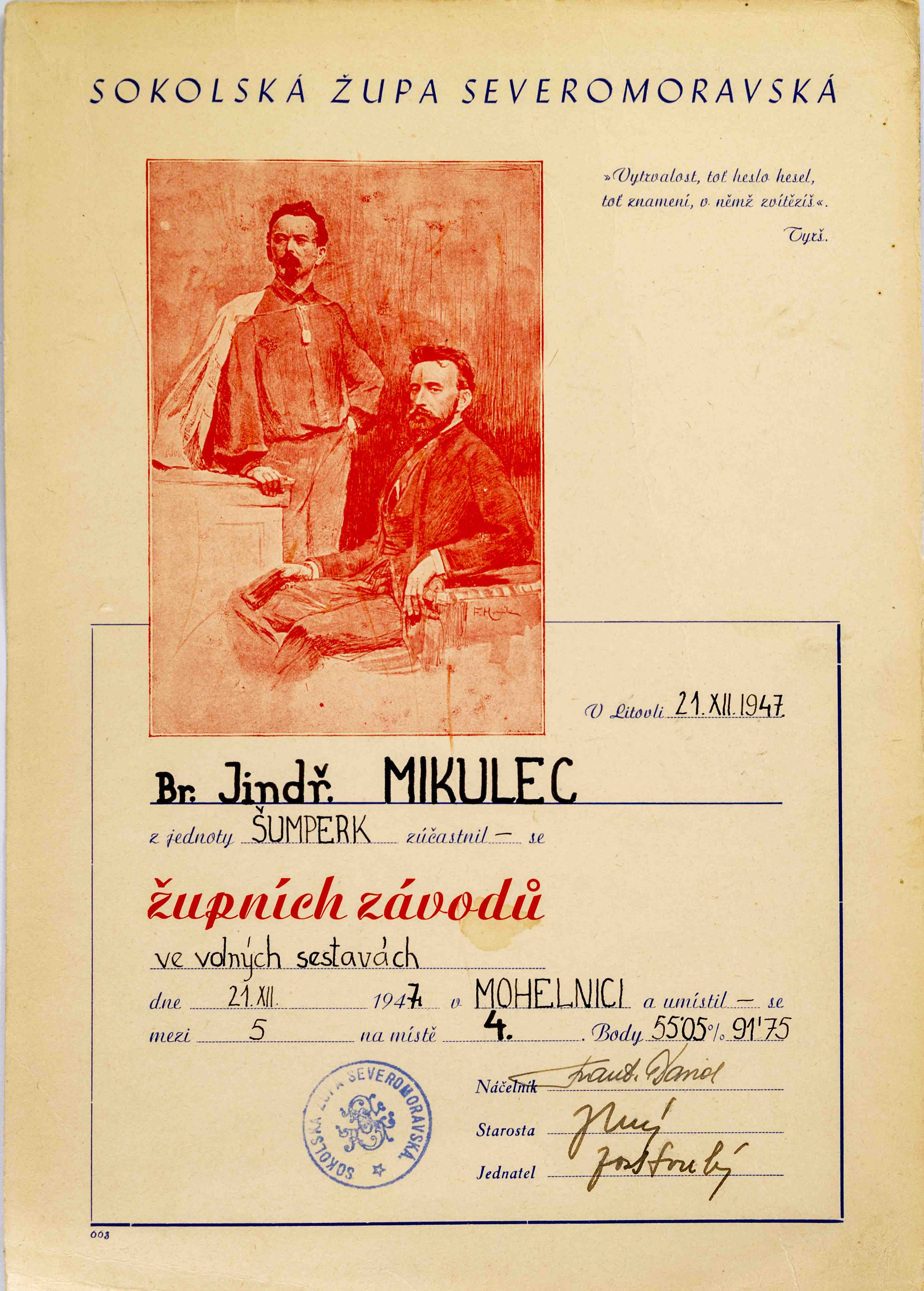 Diplom, 4 místo 1947, sportovní gymnastika, Šumperk