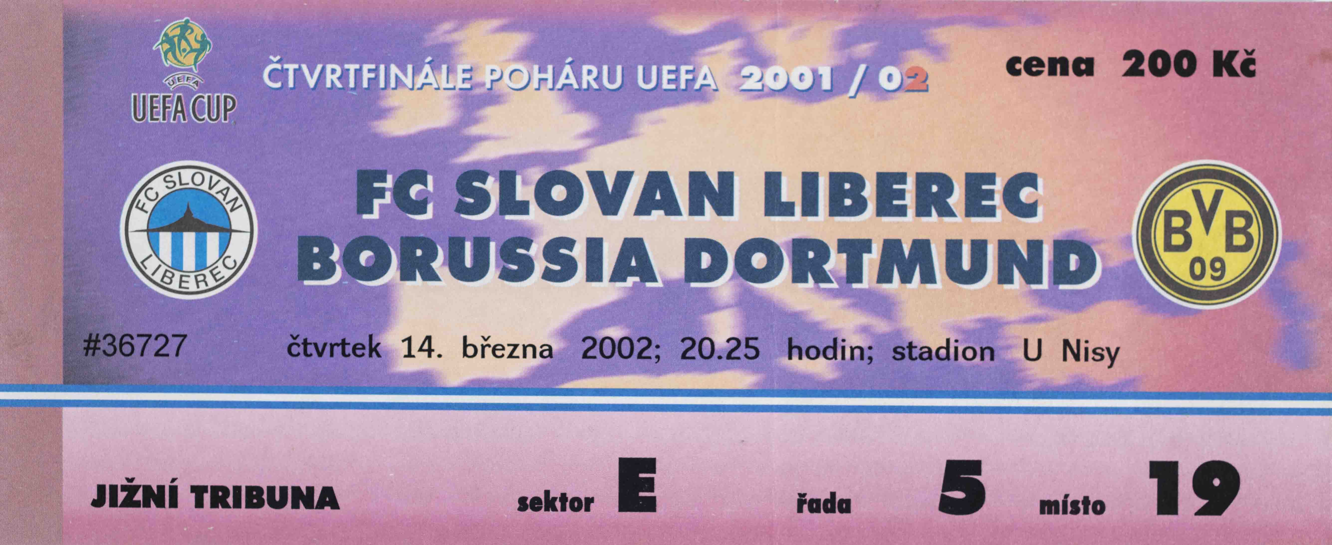 Vstupenka UEFA, FC Slovan Liberec vs. Borussia Dortmund, 2002
