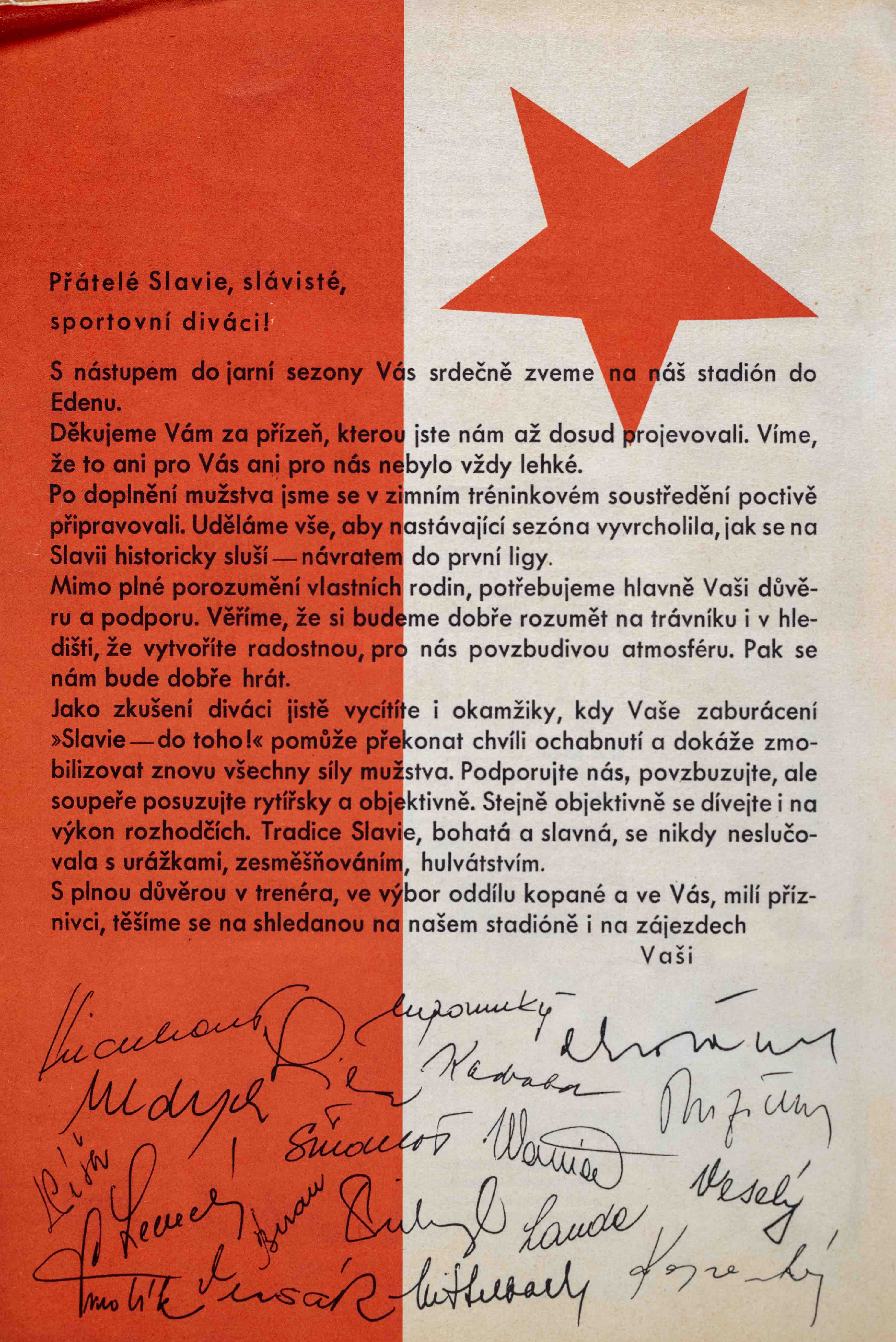 Propagační materiál TJ Slavia Praha IPS, 1965, autogramy