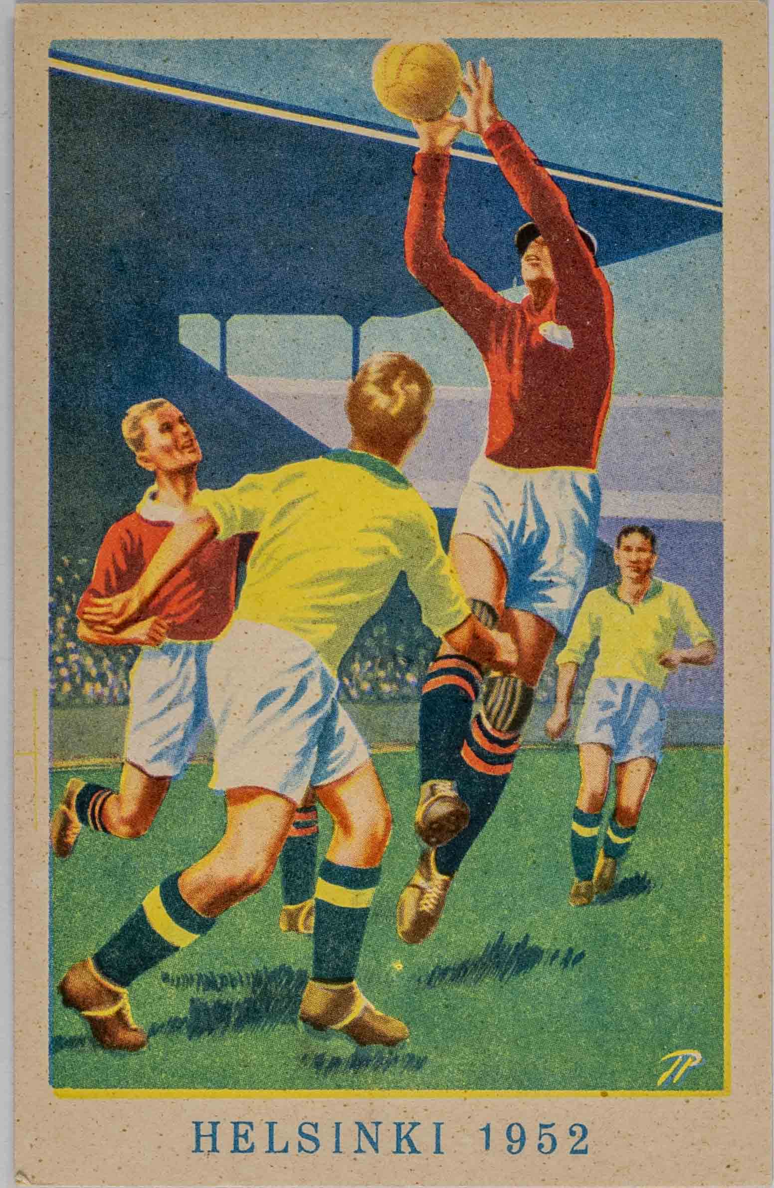 Pohlednice humor, fotbal, Helsinky, 1952