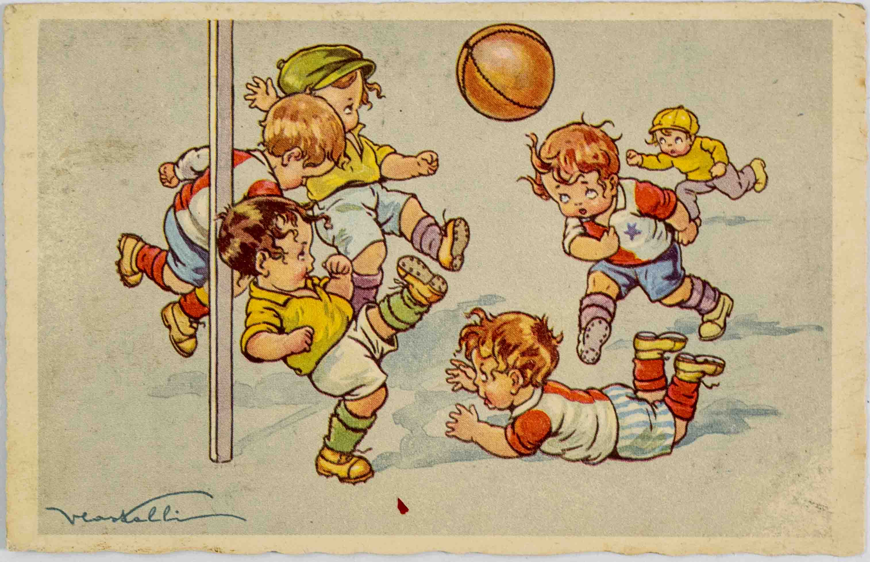 Pohlednice humor - Fotbal, děti před brankou, 1936