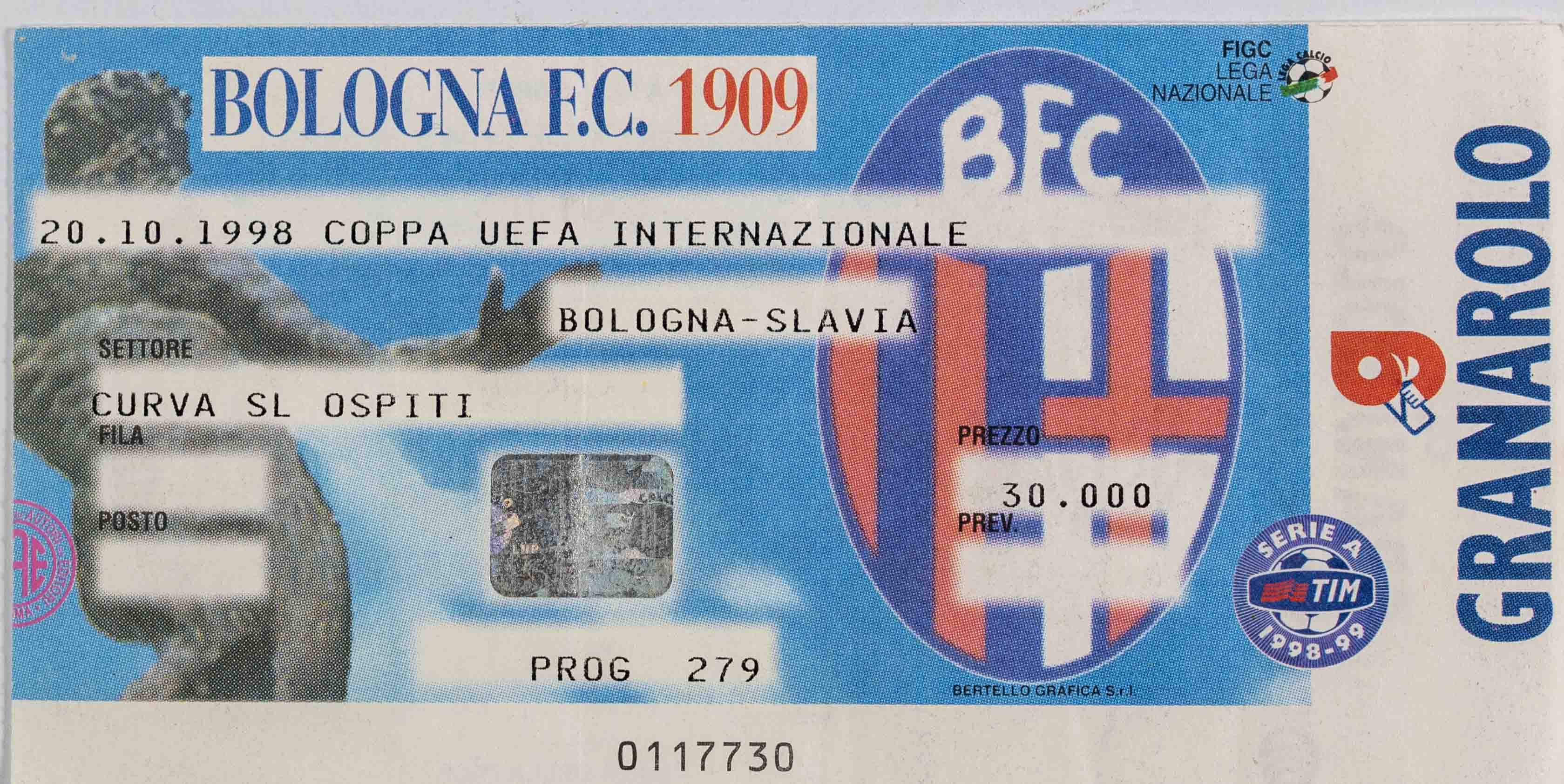 Vstupenka UEFA, Bologna FC 1909 v. Slavia Praga, 1998
