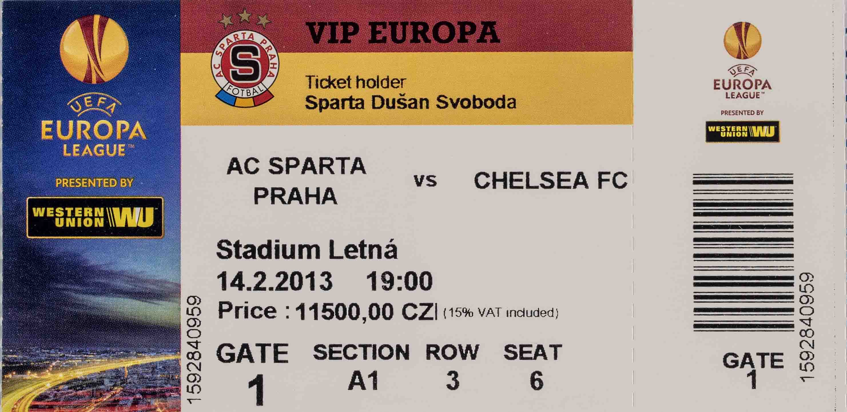 Vstupenka UEFA EL, Sparta Praha v. Chelsea FC, VIP 2013