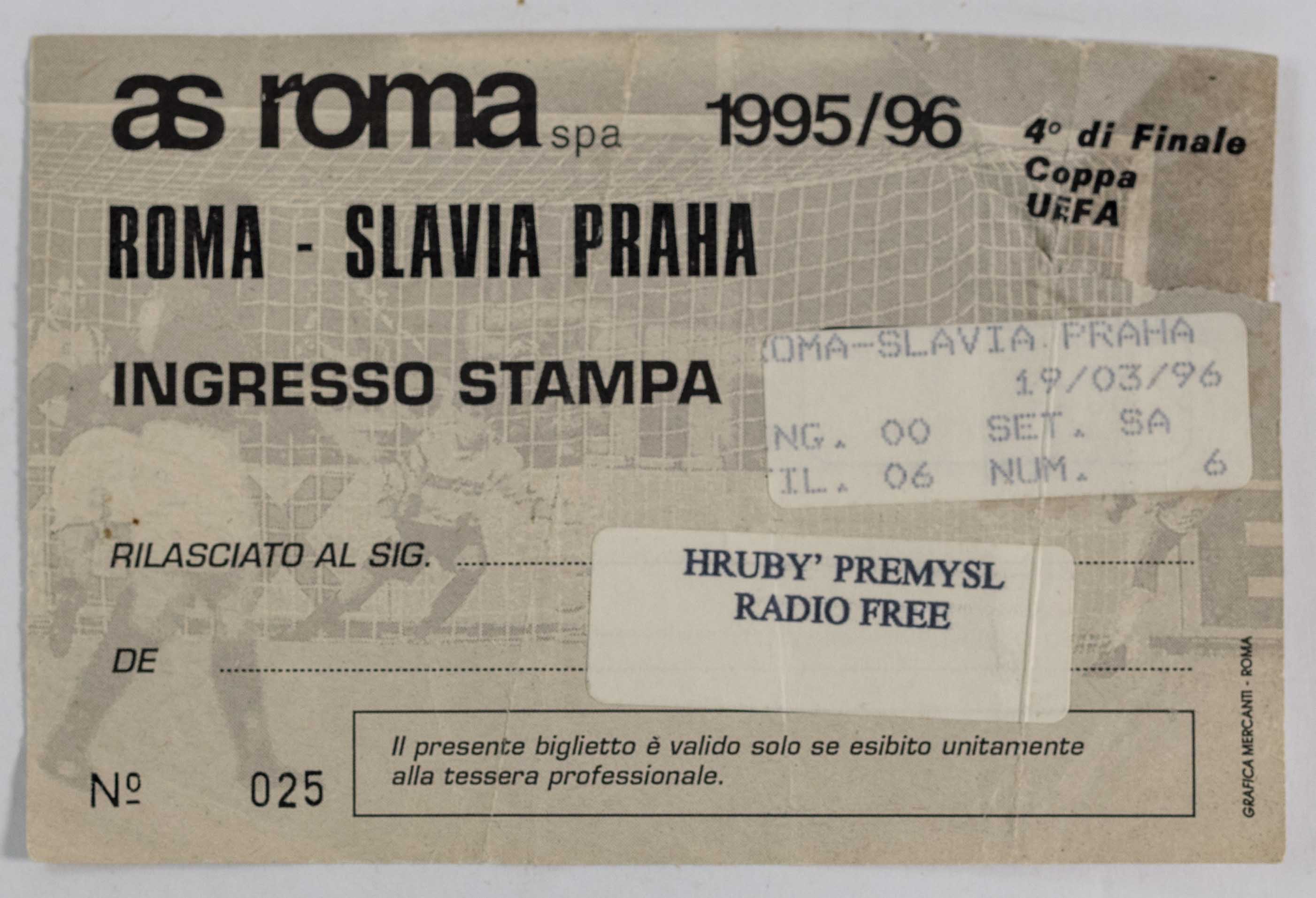 Vstupenka fotbal AS Roma vs. SK Slavia PRAHA, Ingresso stampa,1996