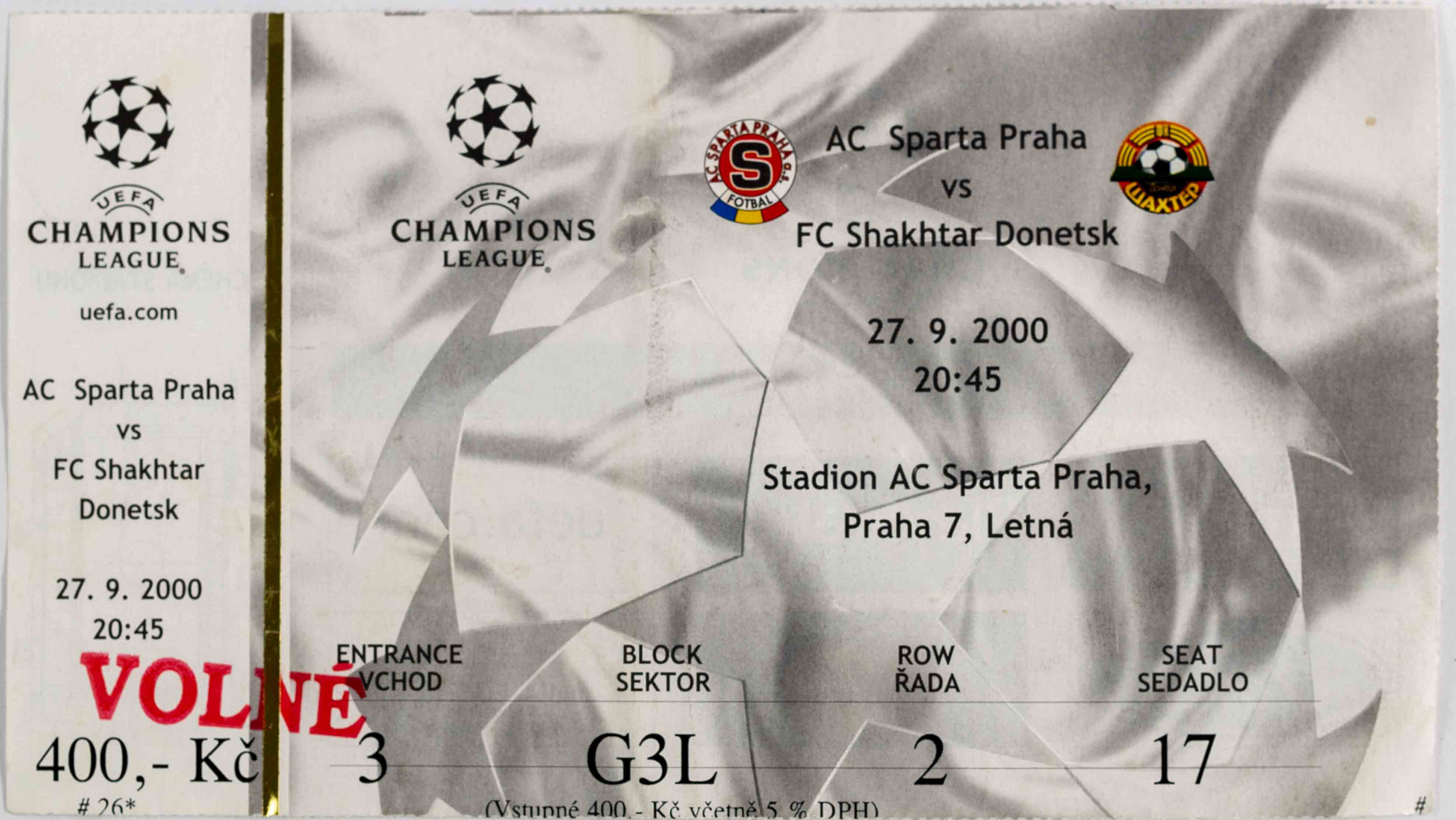 Vstupenka fotbal SK Sparta Praha vs. FC SHAKHTAR DONETSK, 2000