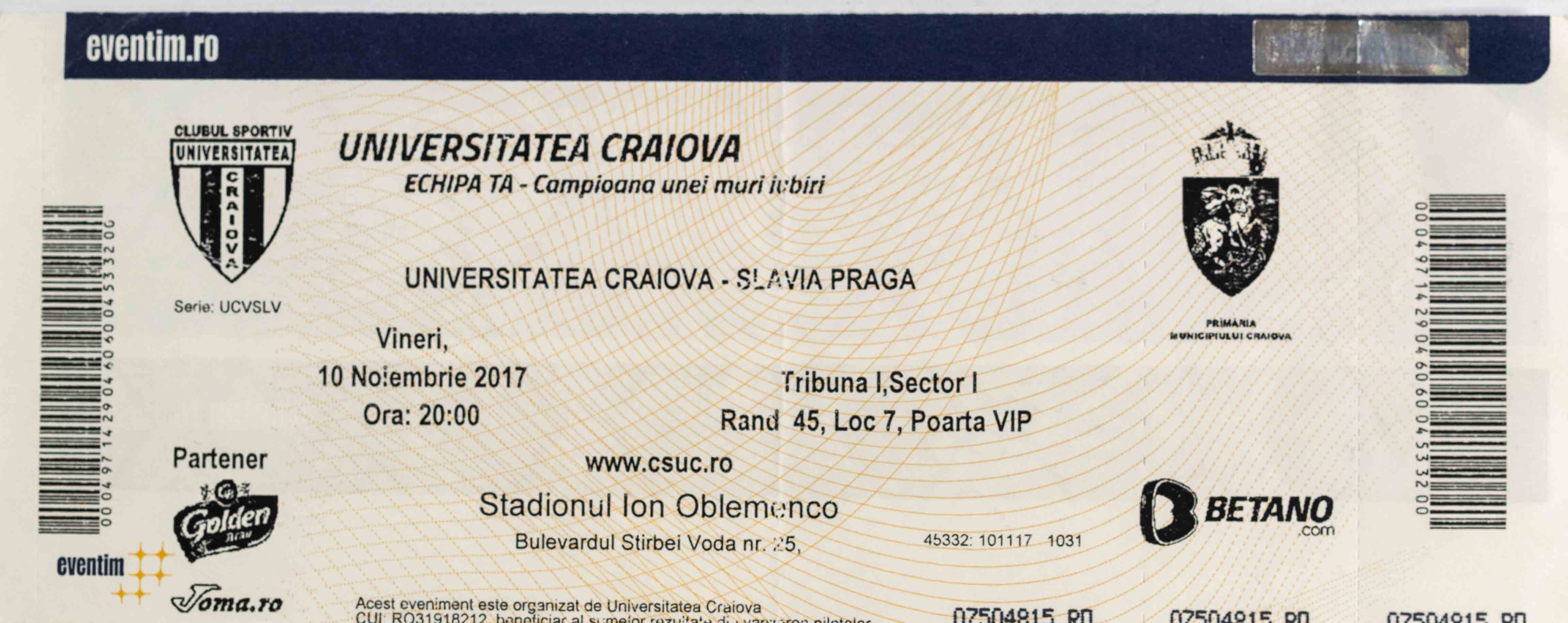Vstupenka fotbal, Universitetea Craiva v. Slavia Praga, VIP, 2017