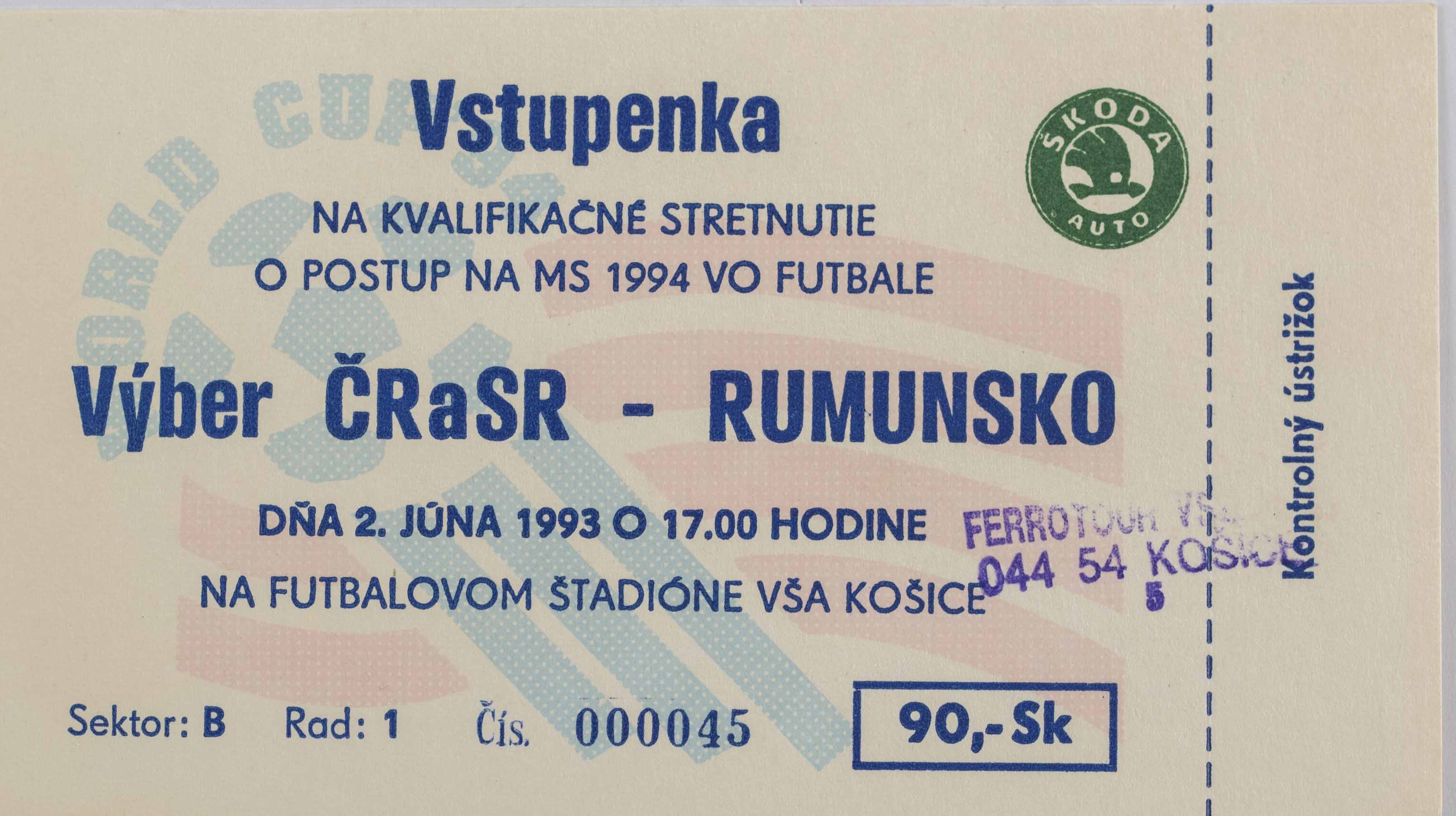 Vstupenka ČR a SR v. Rumunsko, QWM 1994, Košice, 1993