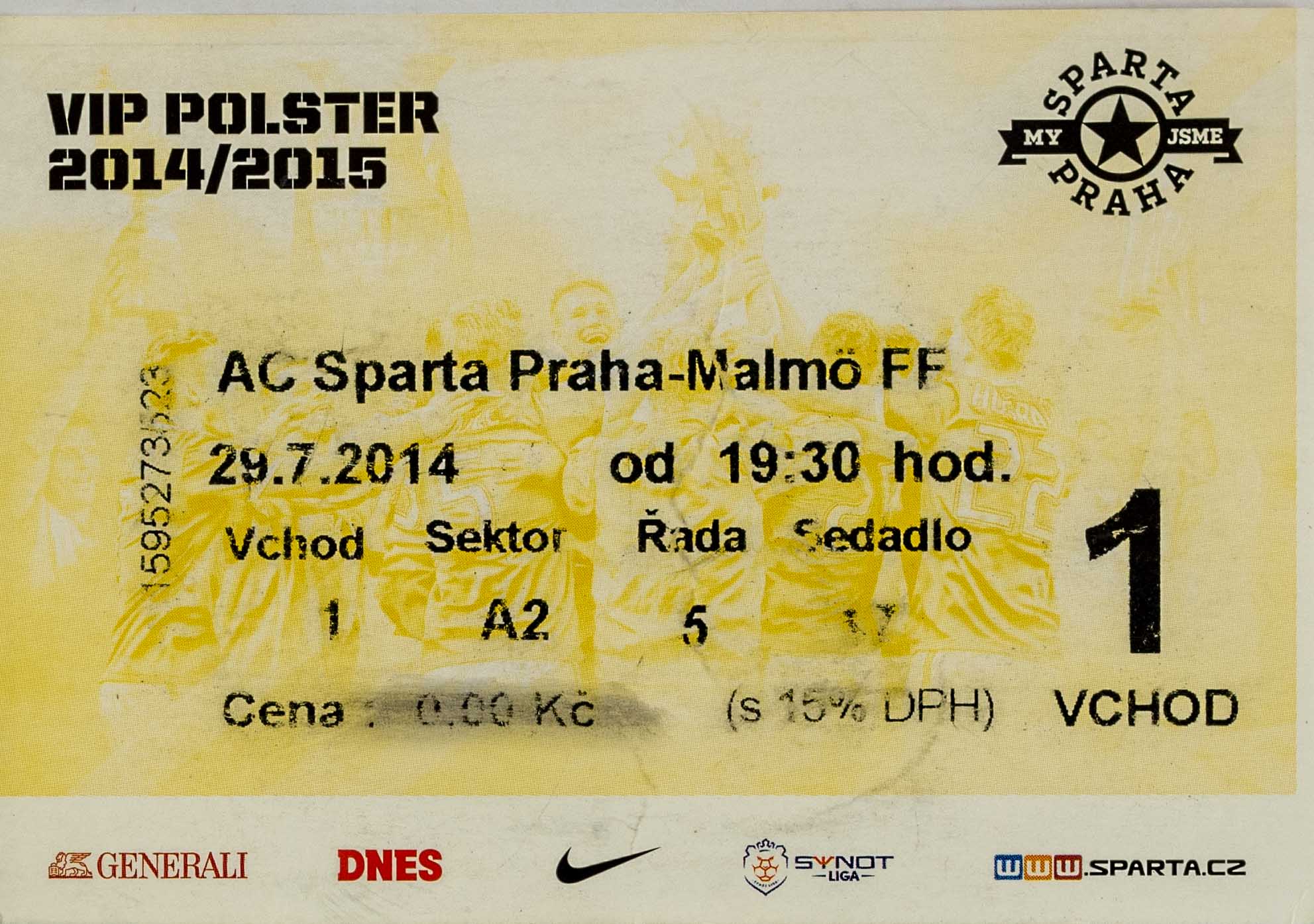 Vstupenka VIP, AC Sparta Praha v. Malmo FF, 2014