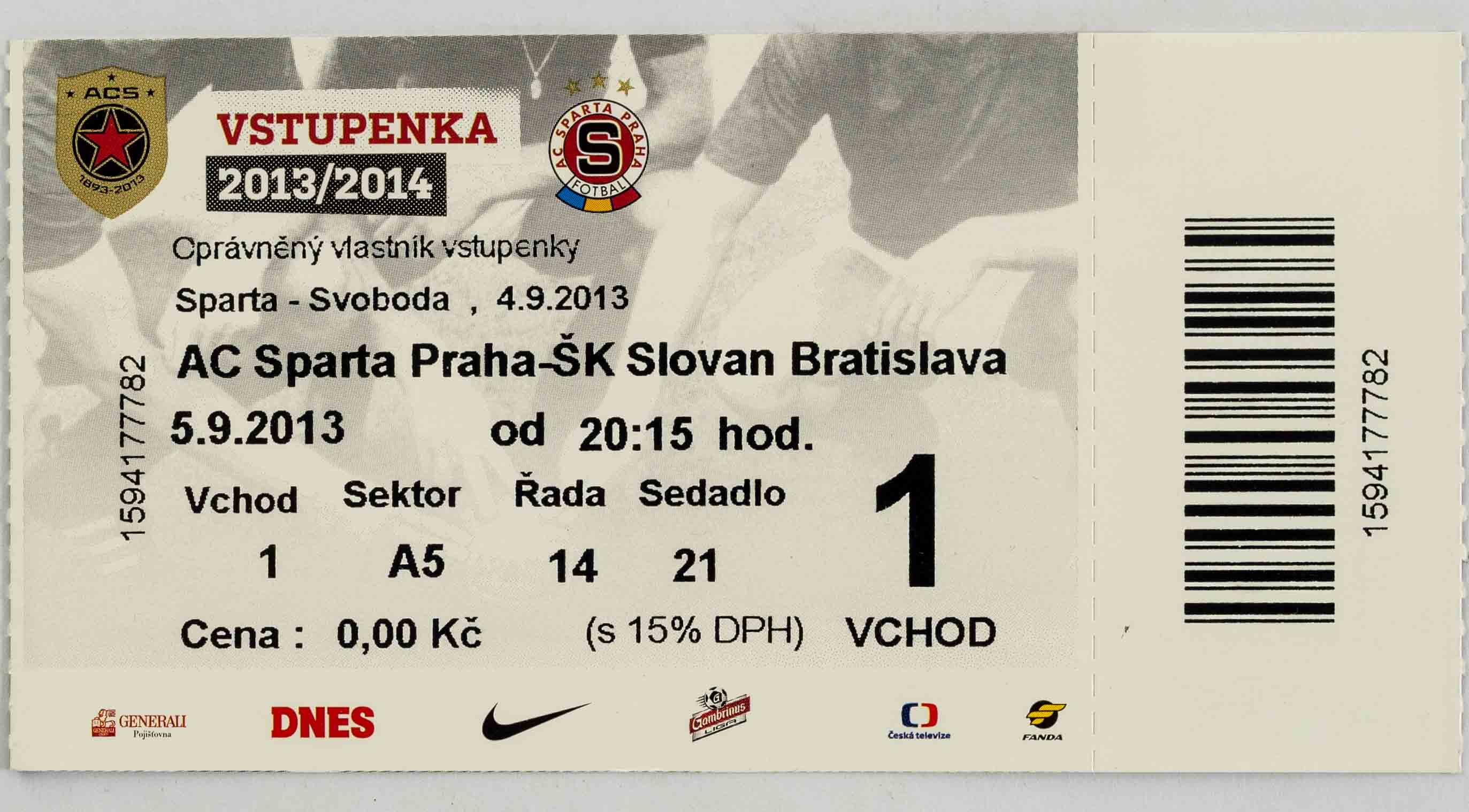 Vstupenka fotbal, AC Sparta Praha v. ŠK Slovan Bratislava, 2013