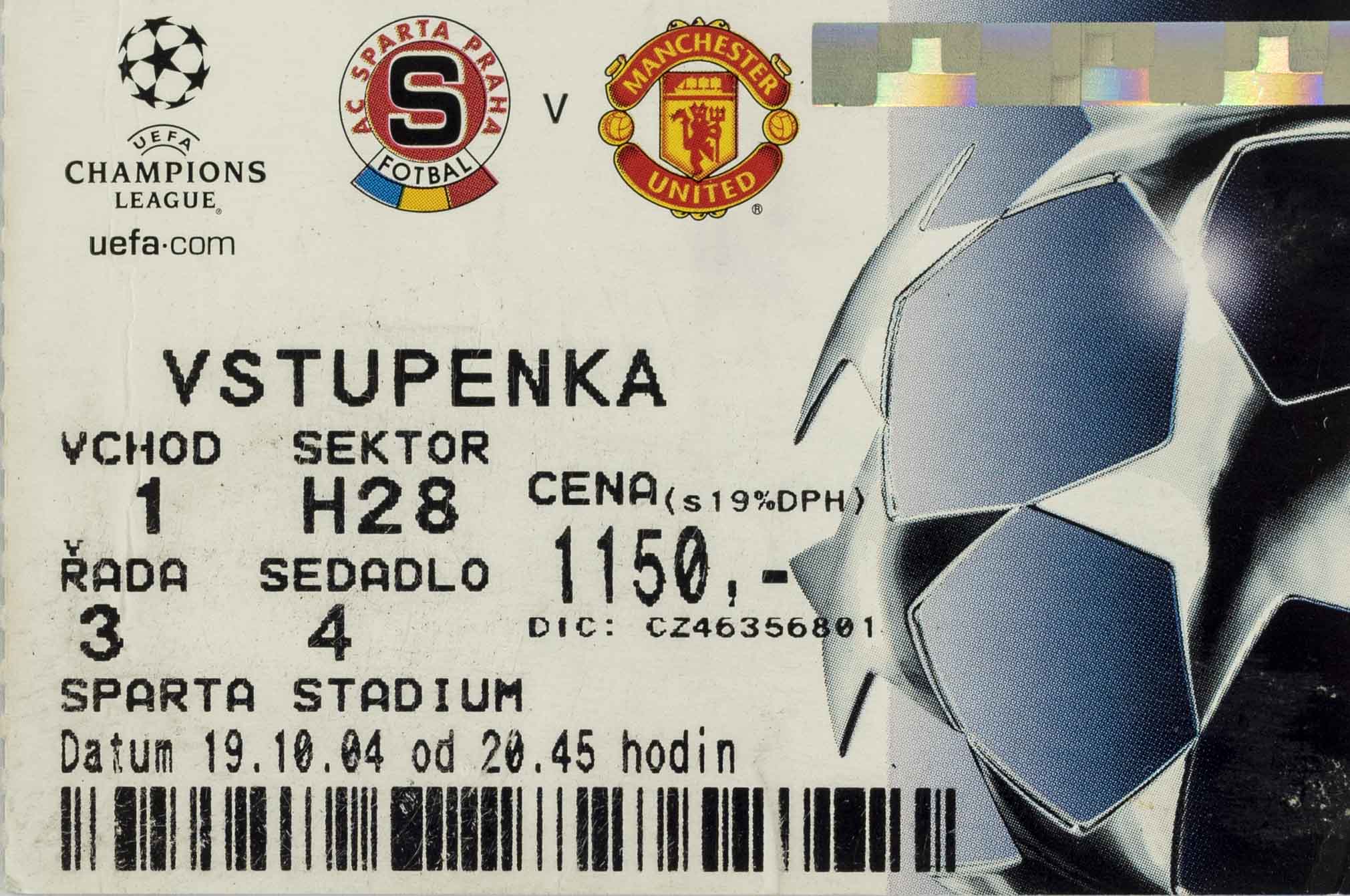 Vstupenka UEFA CHL, Sparta Praha v. Manchester United, 2004 2