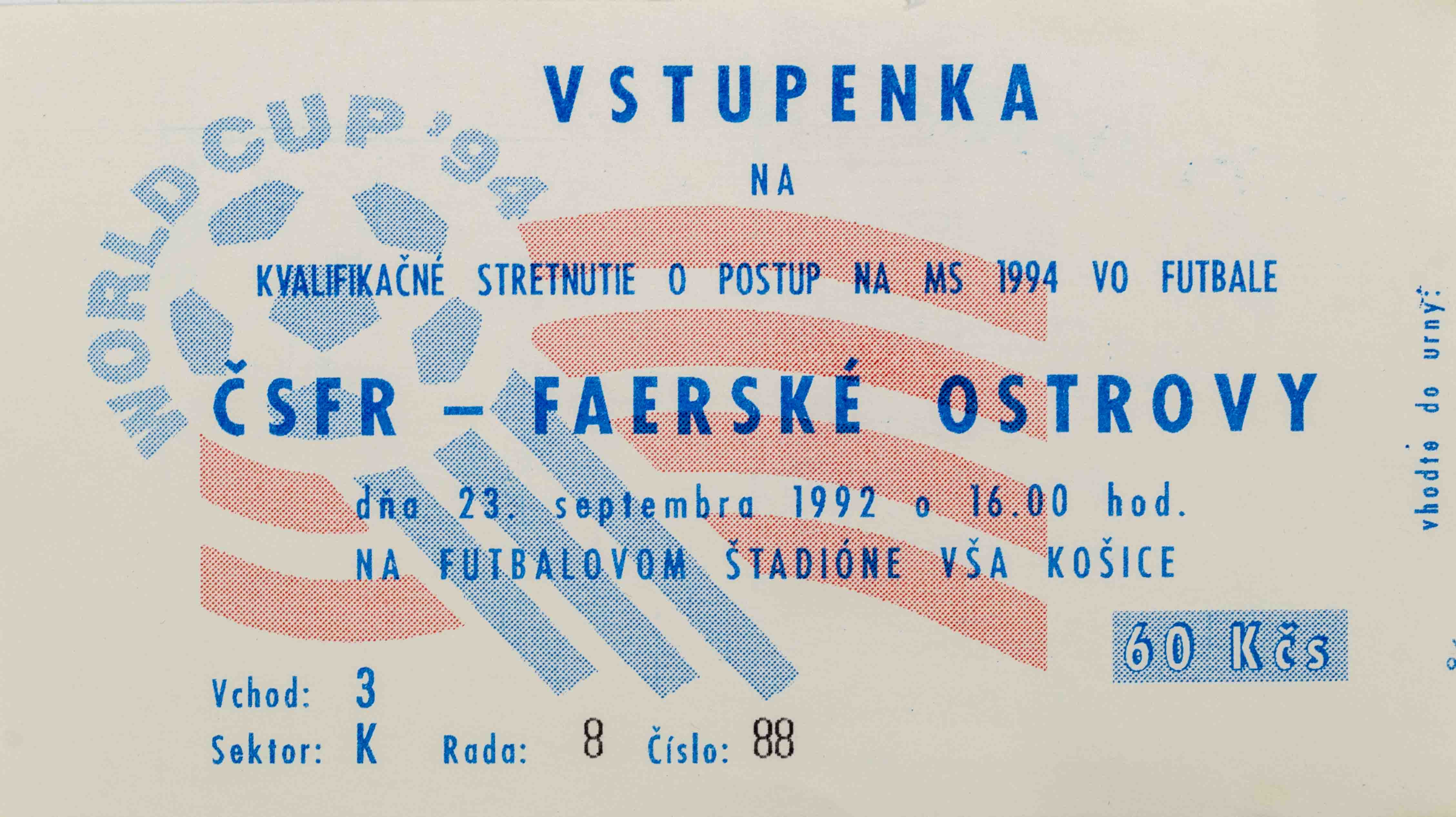 Vstupenka ČSFR v. Faerské ostrovy, 1992 (MS 94)