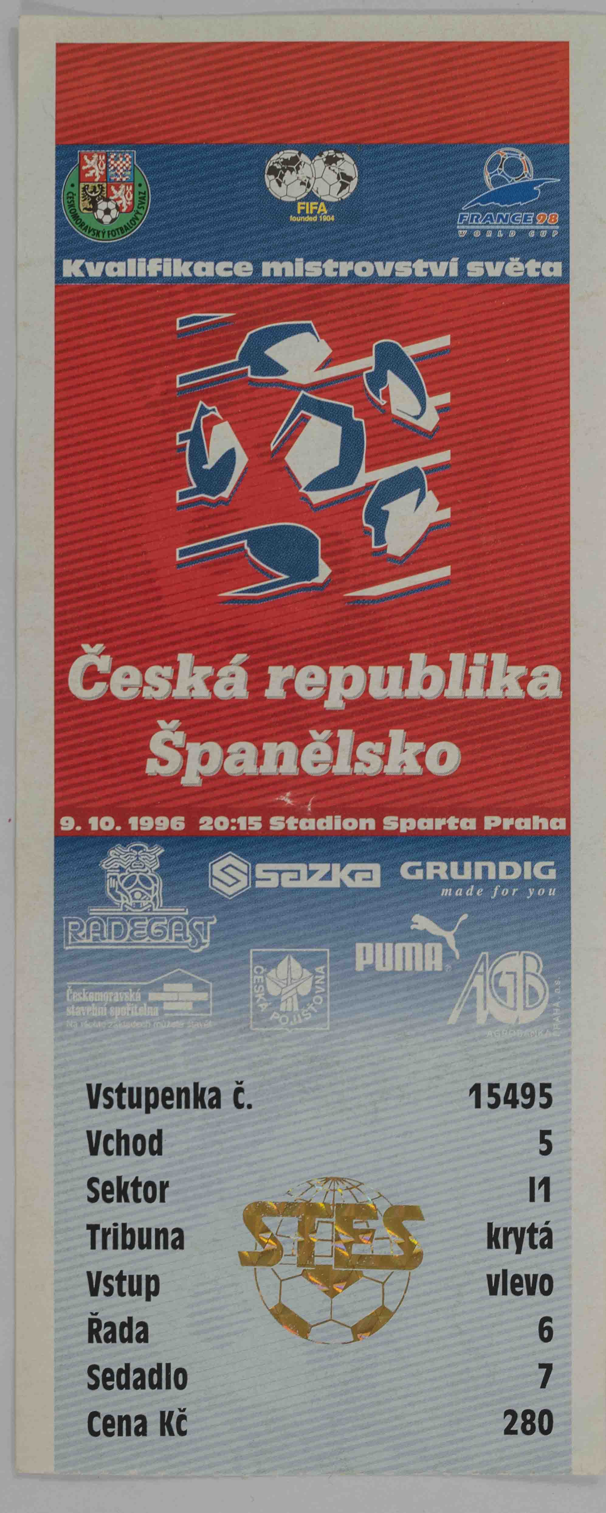 Vstupenka fotbal ČR v. Španělsko, 1996 (WC 98)