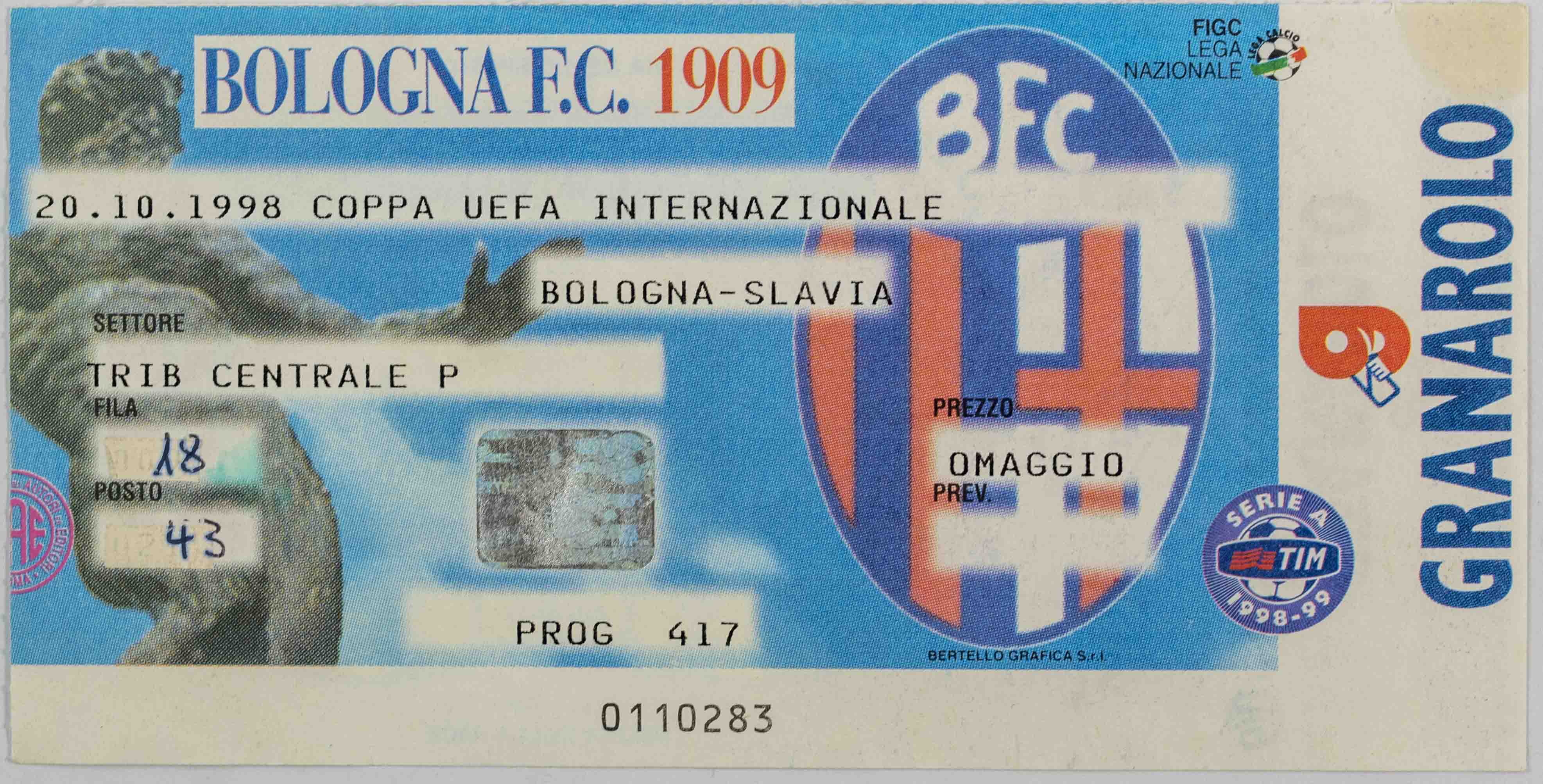 Vstupenka UEFA, Bologna FC 1909 v. Slavia Praga, 1998 2