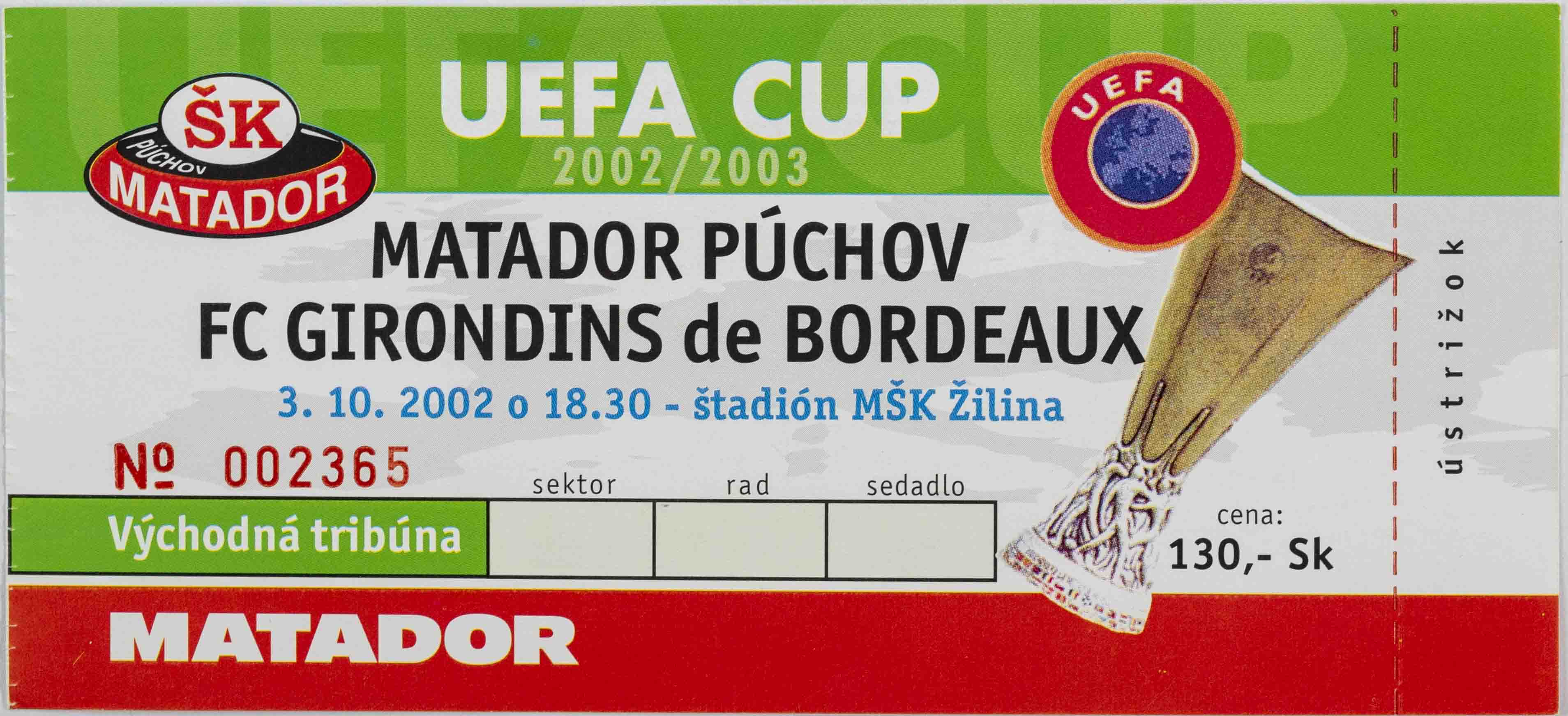 Vstupenka UEFA, Matador Půchov v. FC Girondins Bordeaux, 2002
