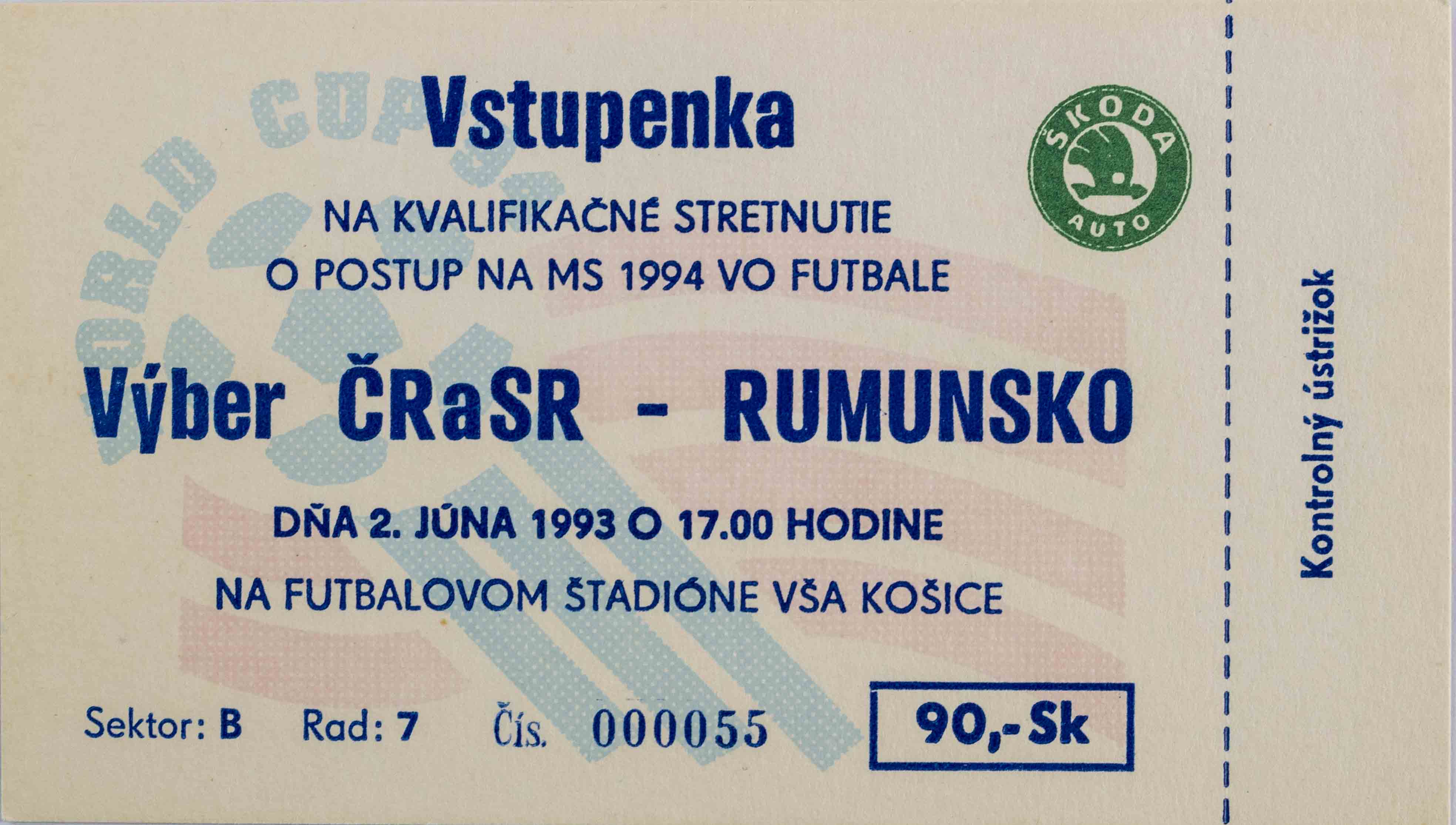 Vstupenka ČR a SR v. Rumunsko, QWM 1994, Košice, 1993, 2