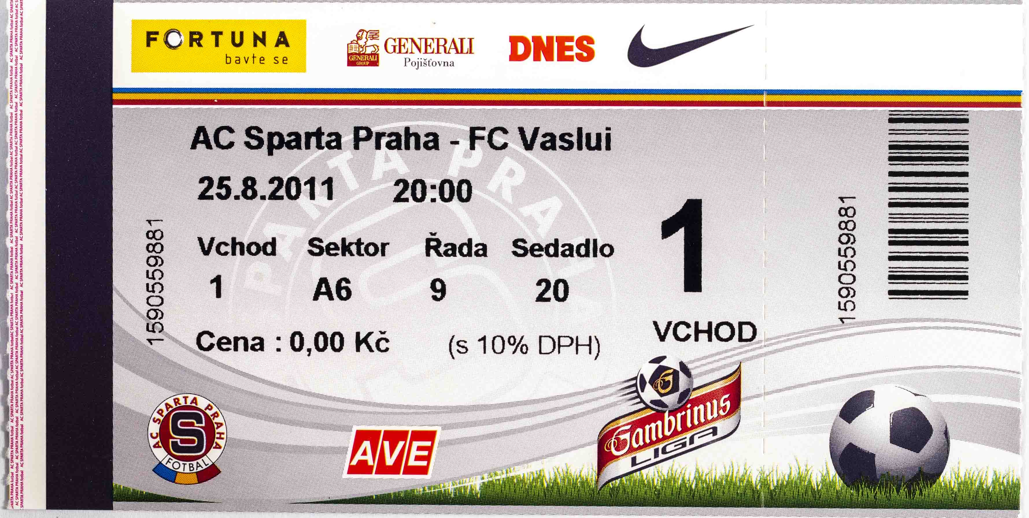 Vstupenka UEFA , Sparta Praha v. FC Vaslui, 2011
