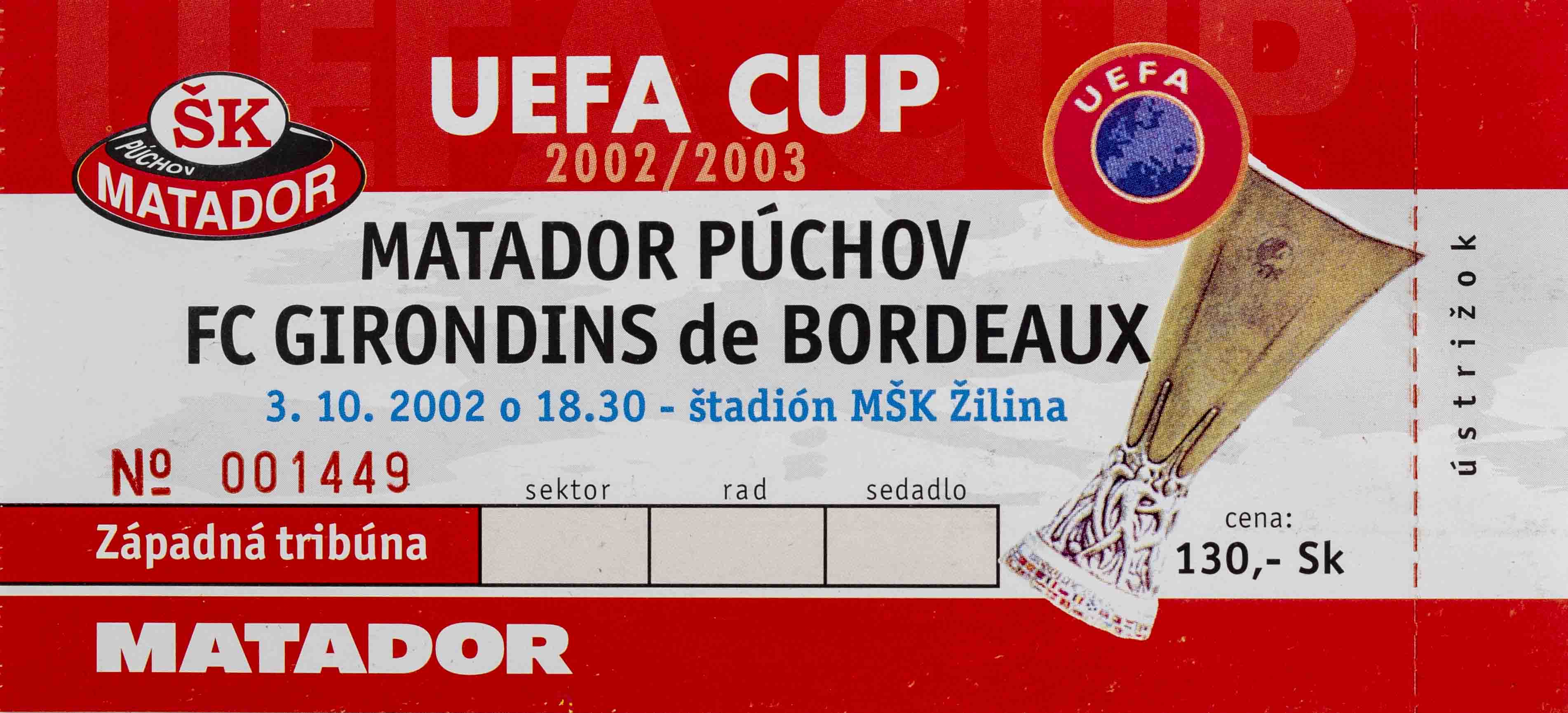 Vstupenka UEFA, Matador Půchov v. FC Girondins Bordeaux, 2002 (2)
