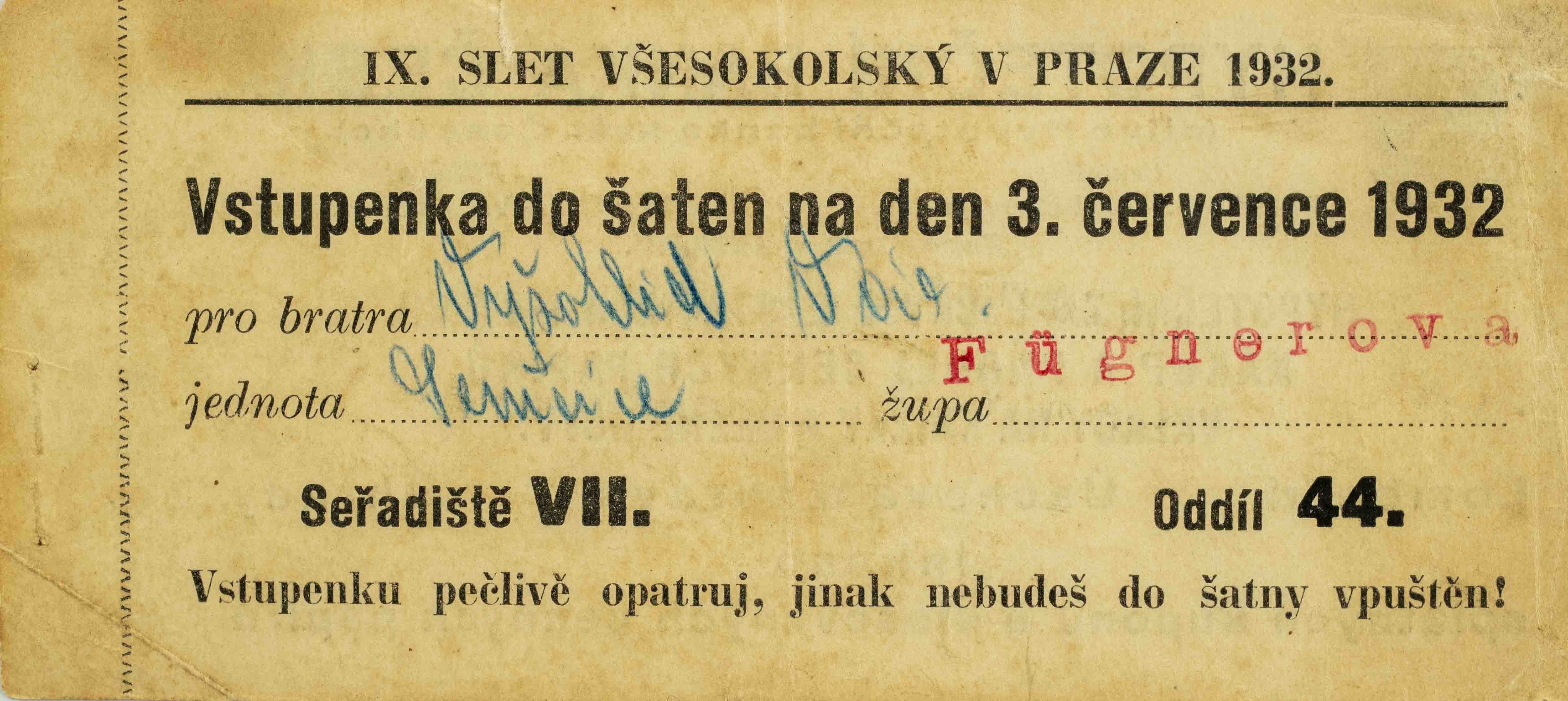 Vstupenka X. všesokolský slet v Praze, do šaten na 3.VII.1932