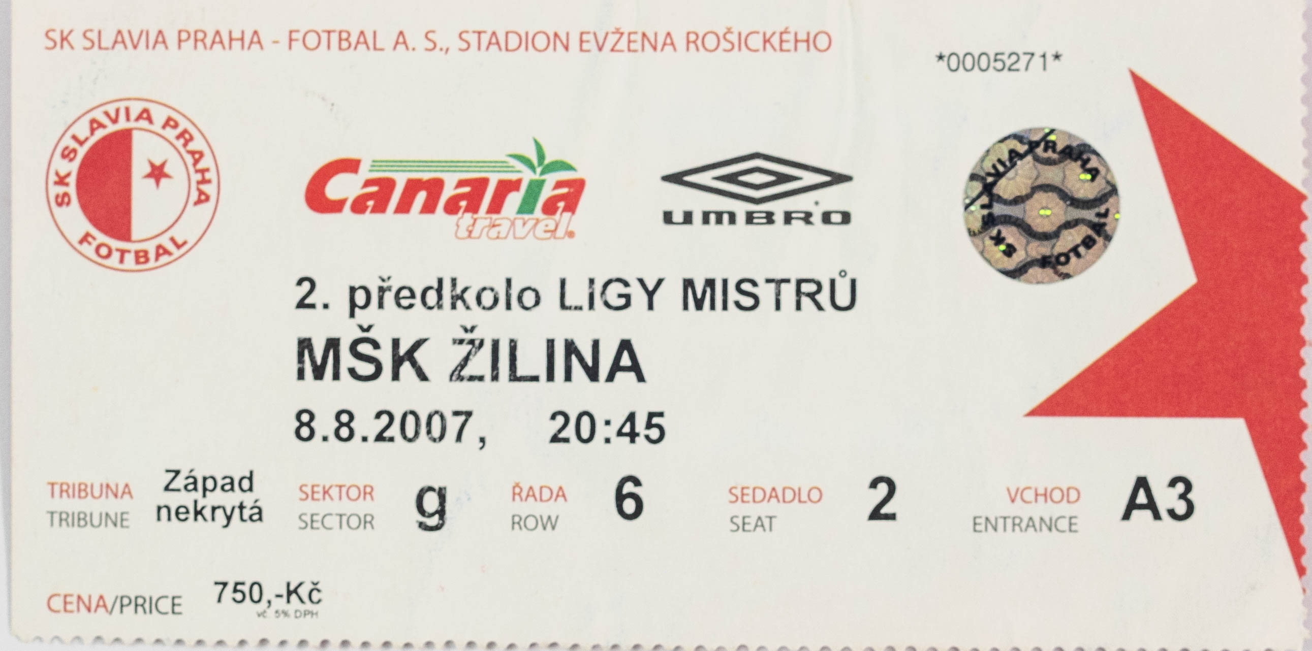 Vstupenka fotbal SK Slavia Praha vs. MŠK Žilina, 2007 (2)