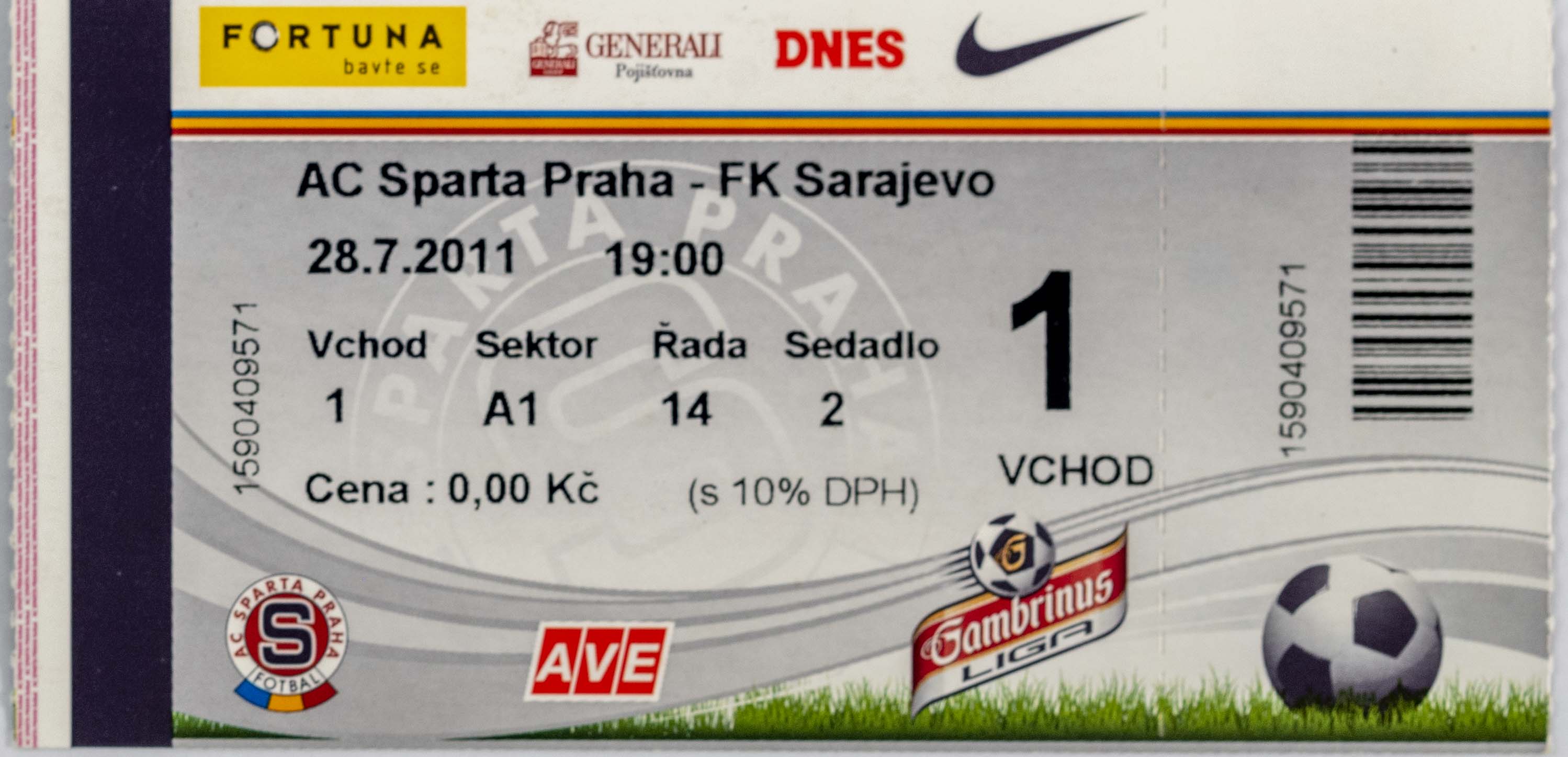 Vstupenka fotbal UEFA, AC Sparta Praha v. FK Sarajevo, 2011