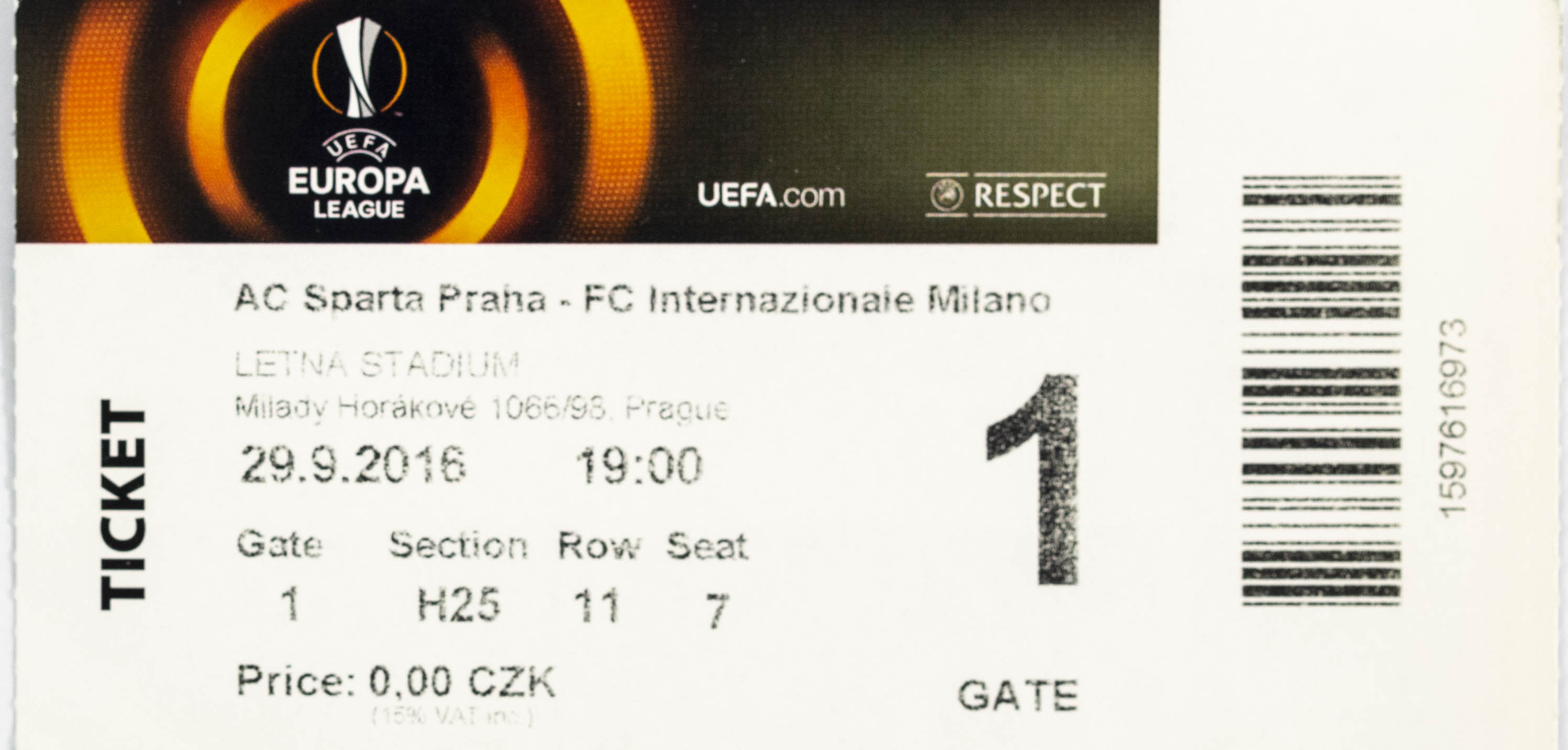 Vstupenka fotbal, UEFA, AC Sparta Praha v. FC Internazonale Milano, 2016