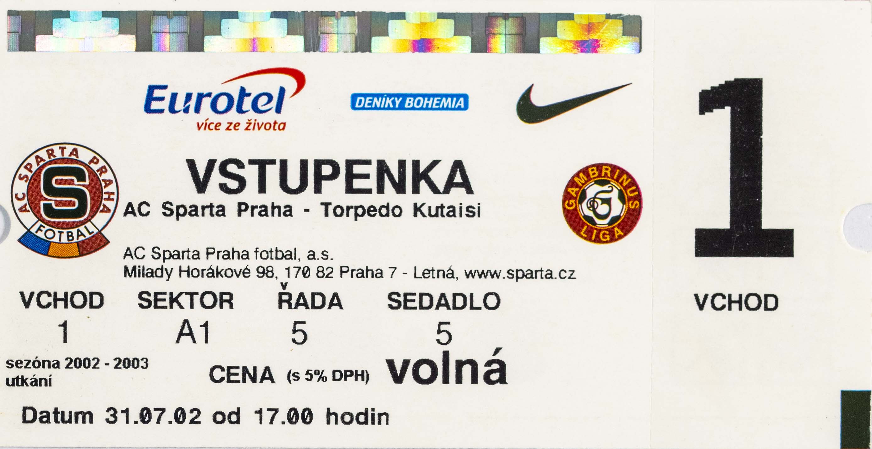 Vstupenka fotbal, Ac Sparta Praha v. Torpedo Kutaisi, 2002