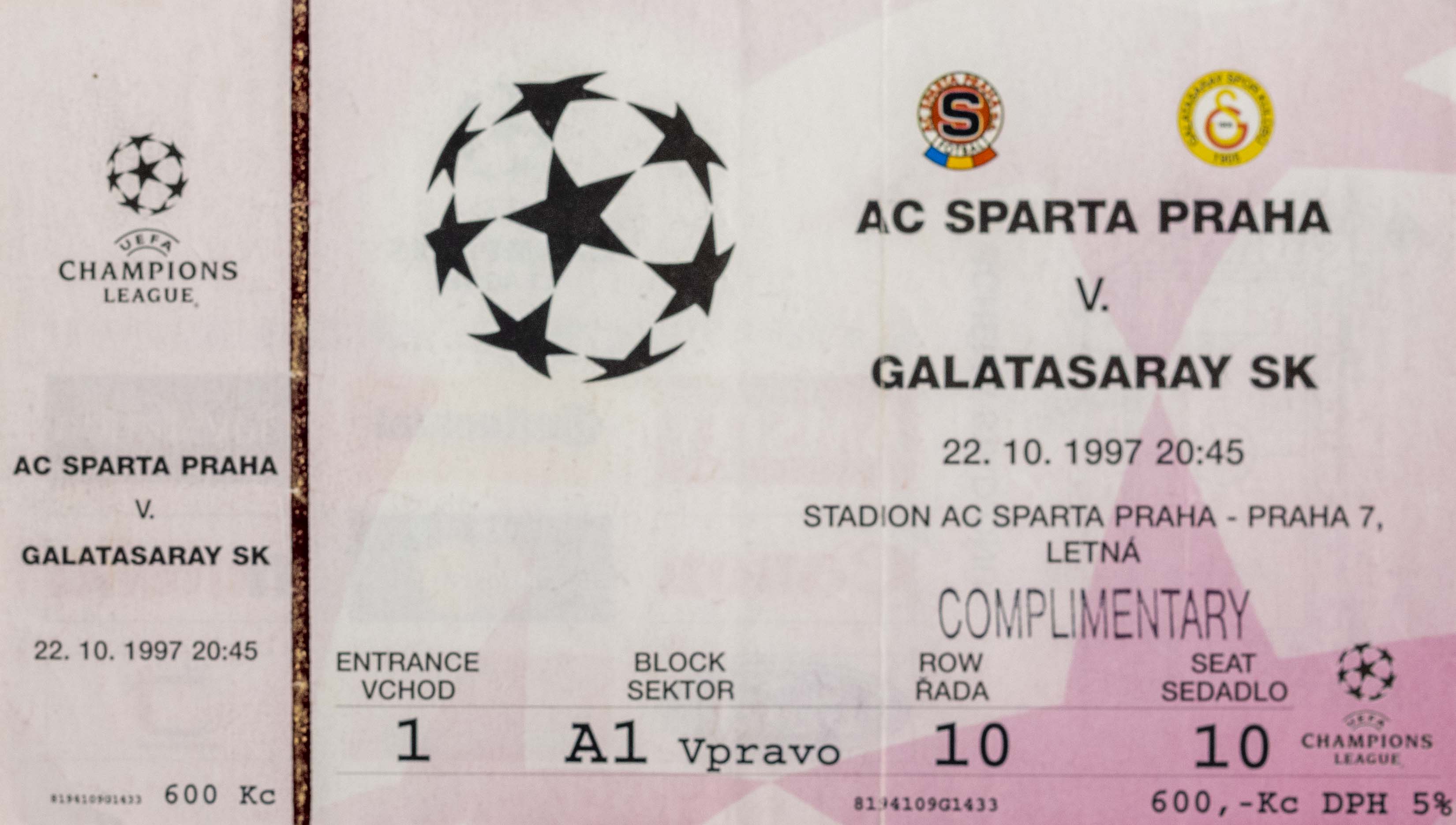 Vstupenka fotbal , UEFA CHL, AC Sparta Praha v. Galatasaray SK, 1997